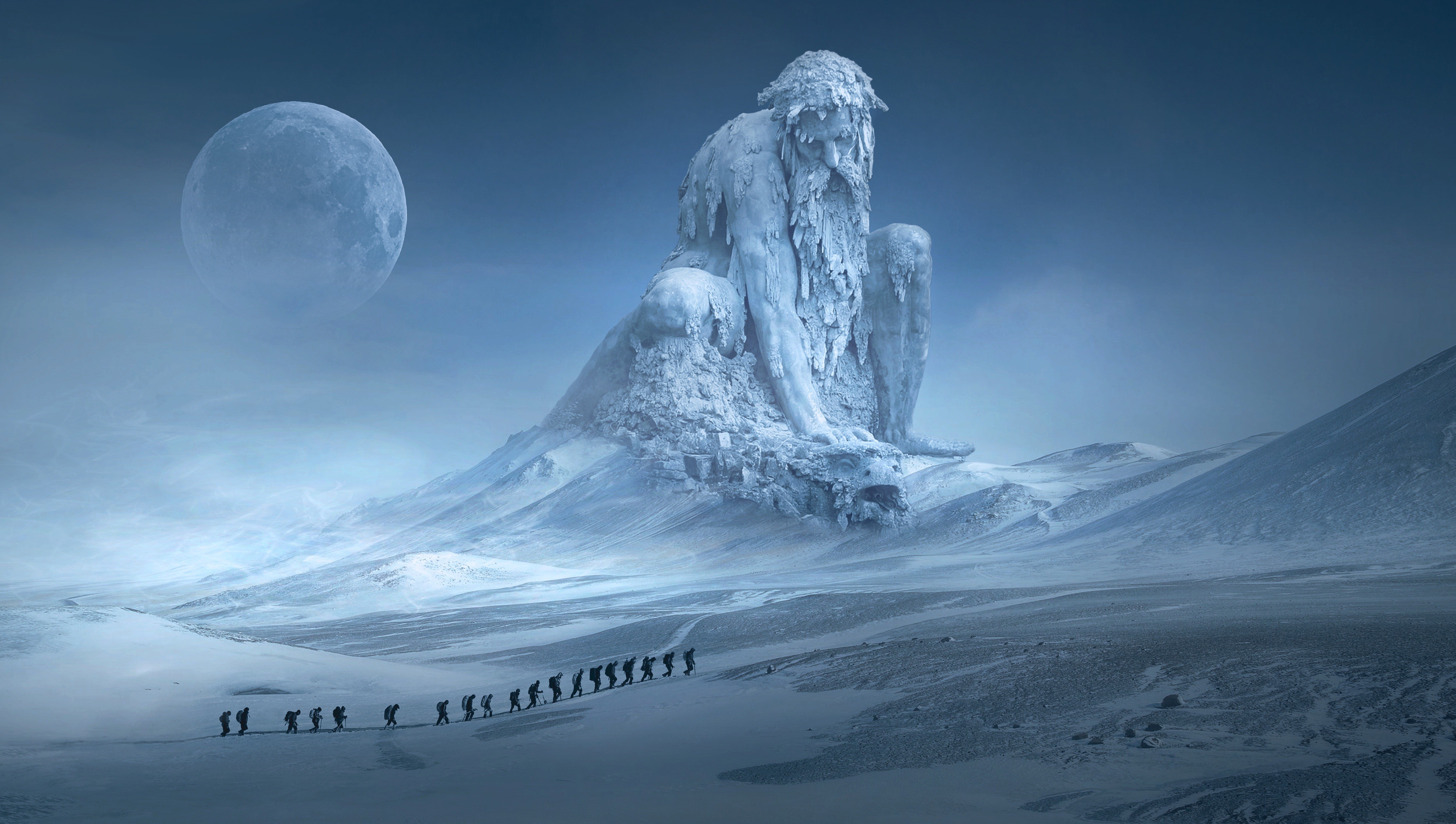 Fantastic world with ice giant and moon HD Wallpaper