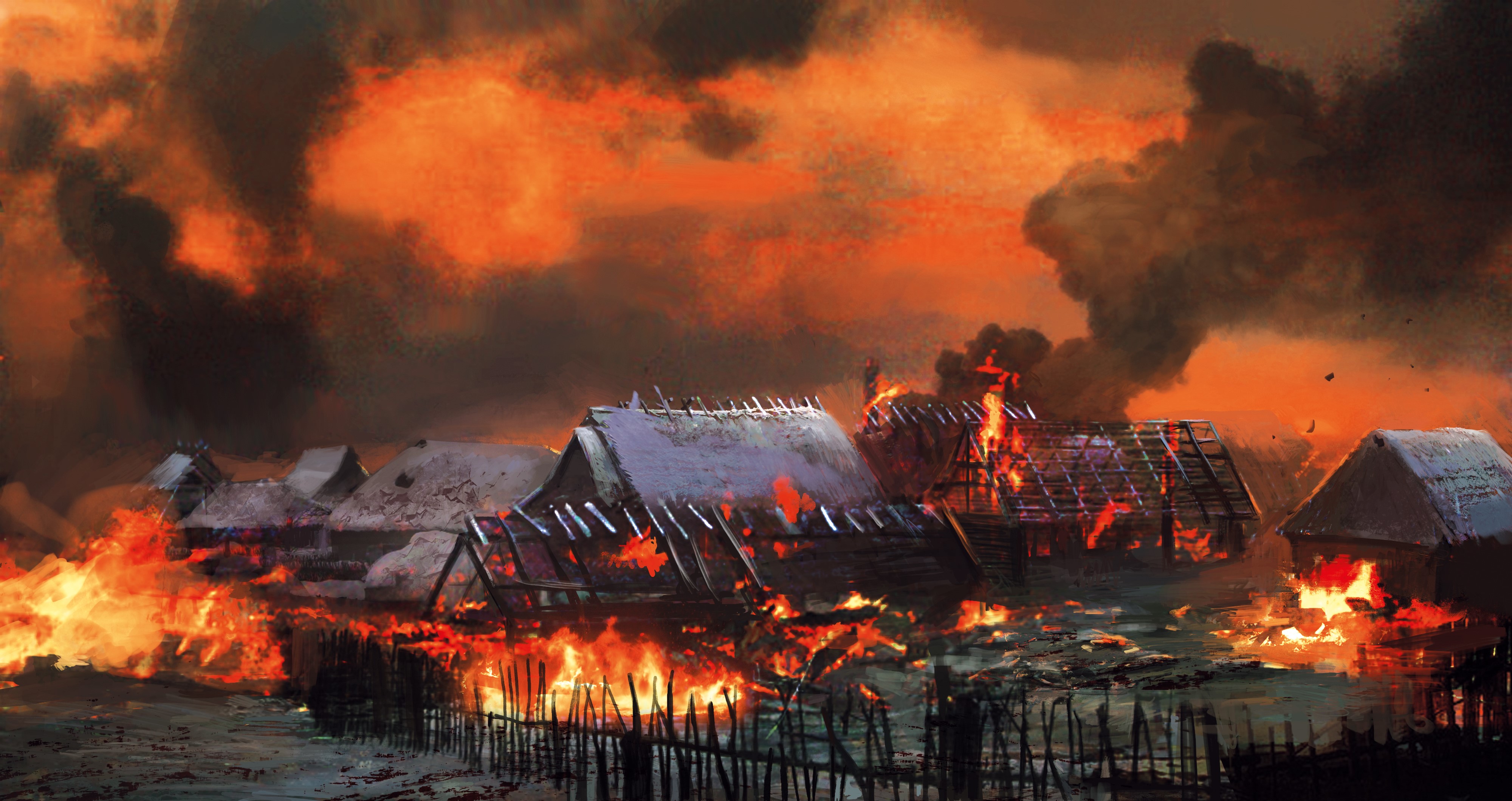 The Witcher 3: Wild Hunt - Burning Village HD Wallpaper
