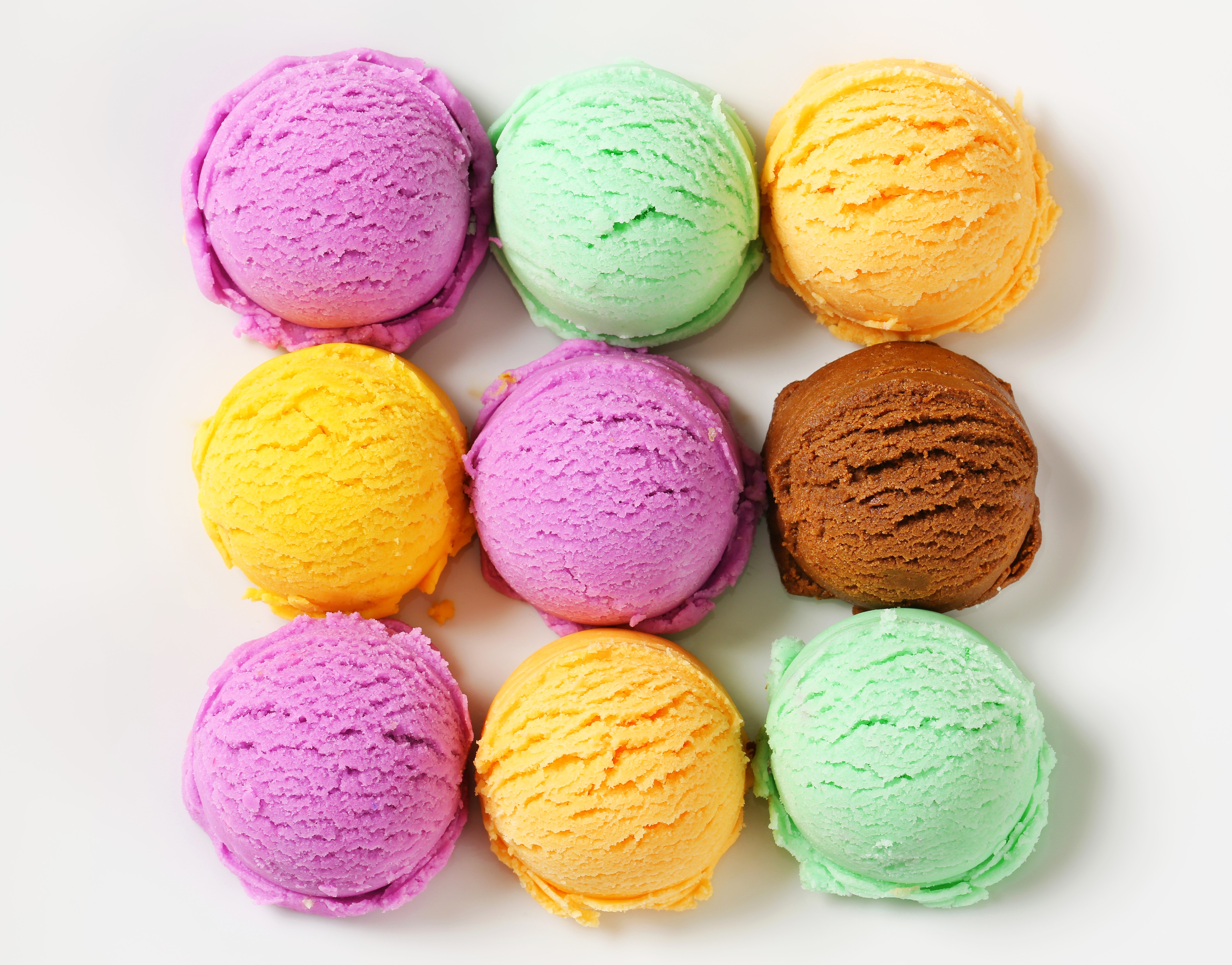 Nine scoops of multicolor ice cream on white background HD Wallpaper