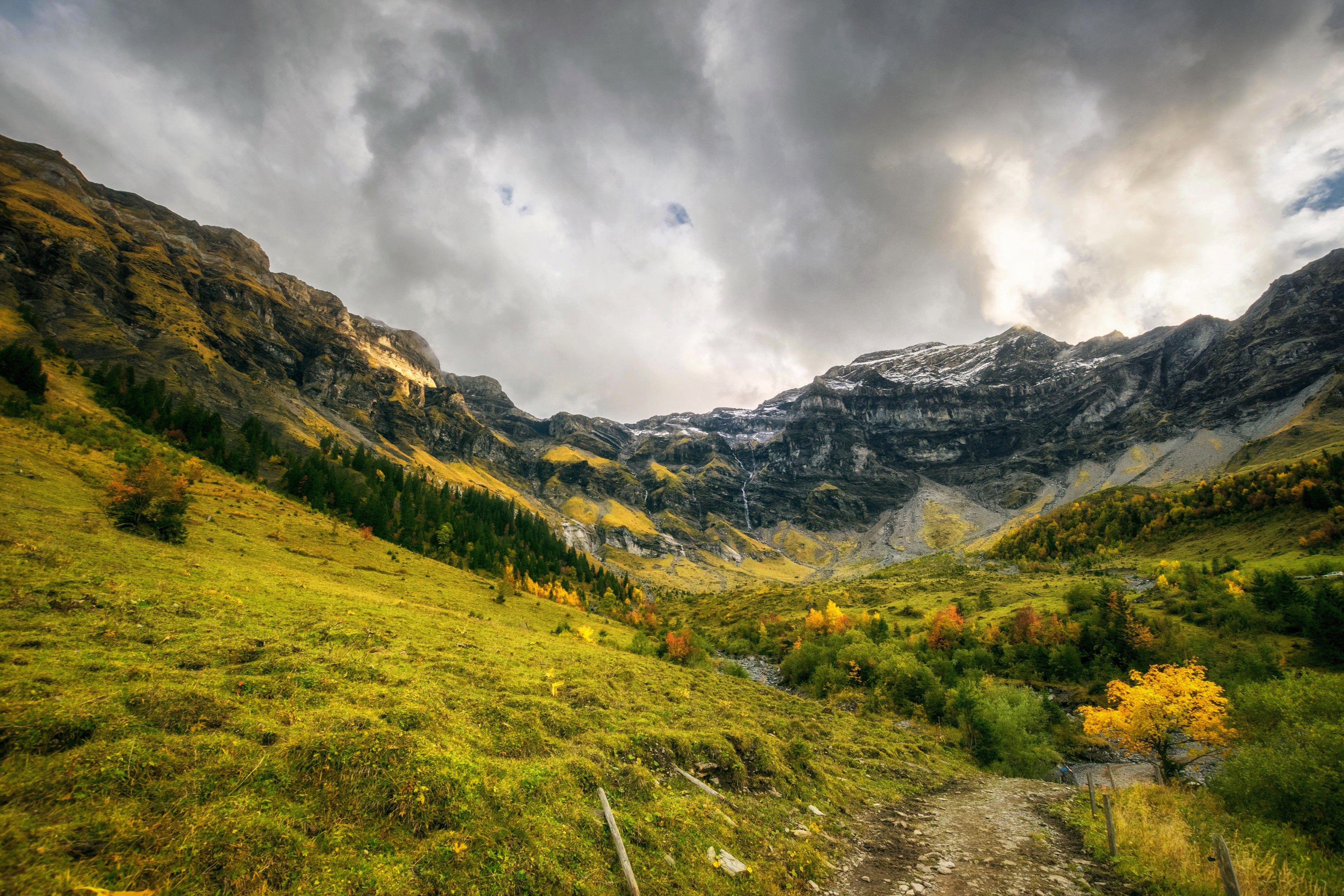 Mountain valley with autumn trees and cloudy sky HD Wallpaper
