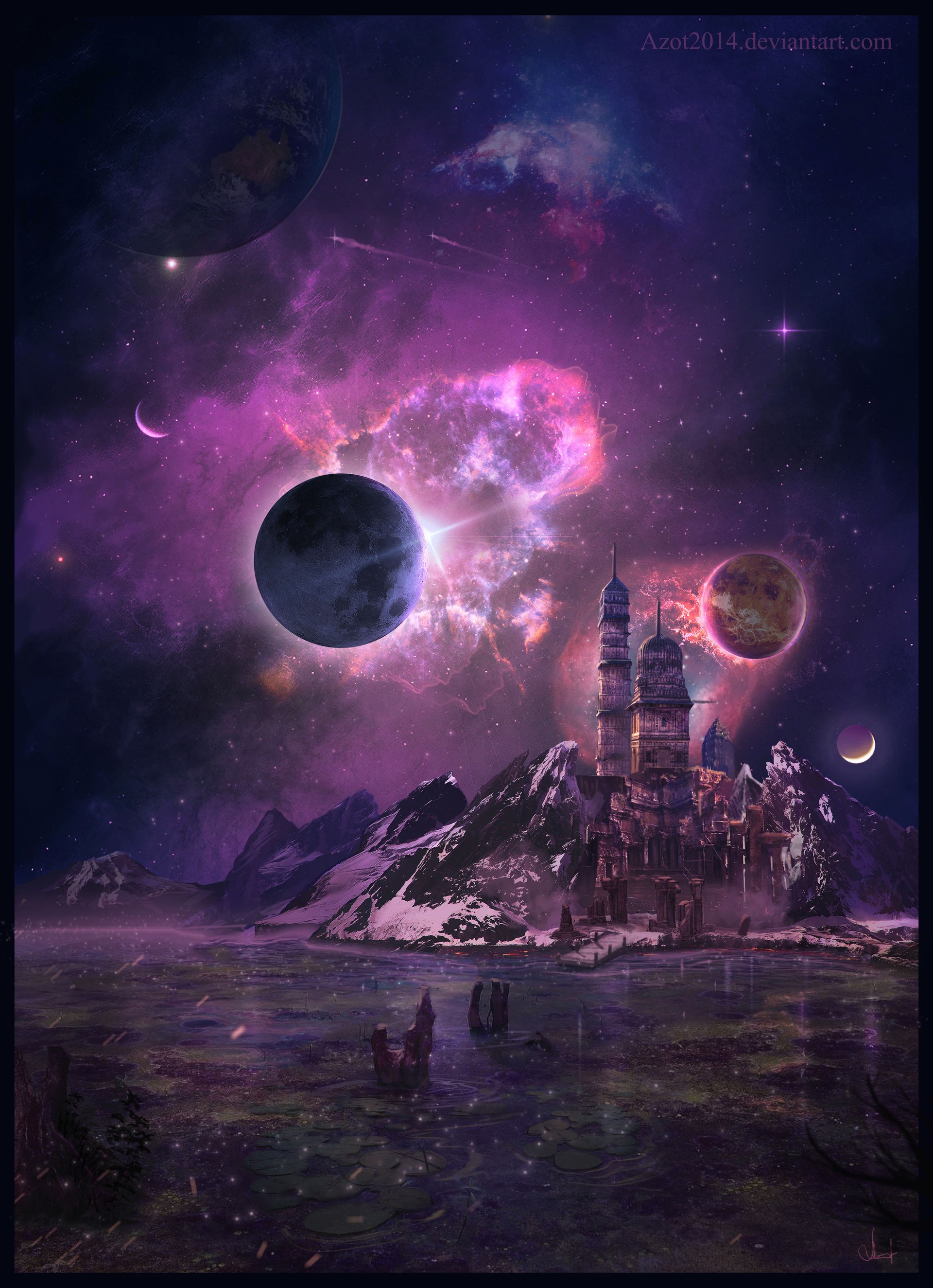 Alien planet with a castle and nebulae HD Phone Wallpaper
