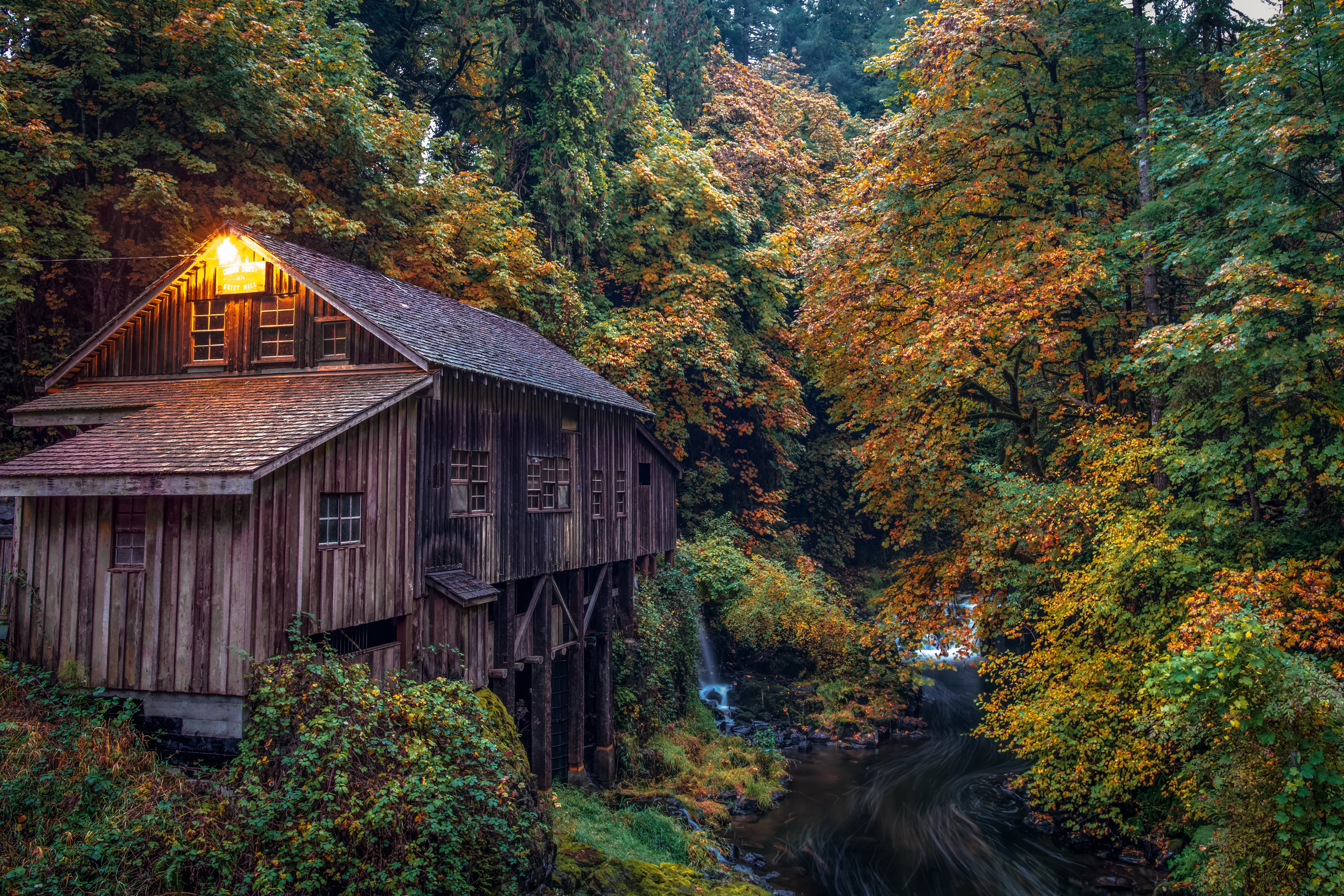Wooden Mill in Autumn Forest by River, Washington, USA HD Wallpaper