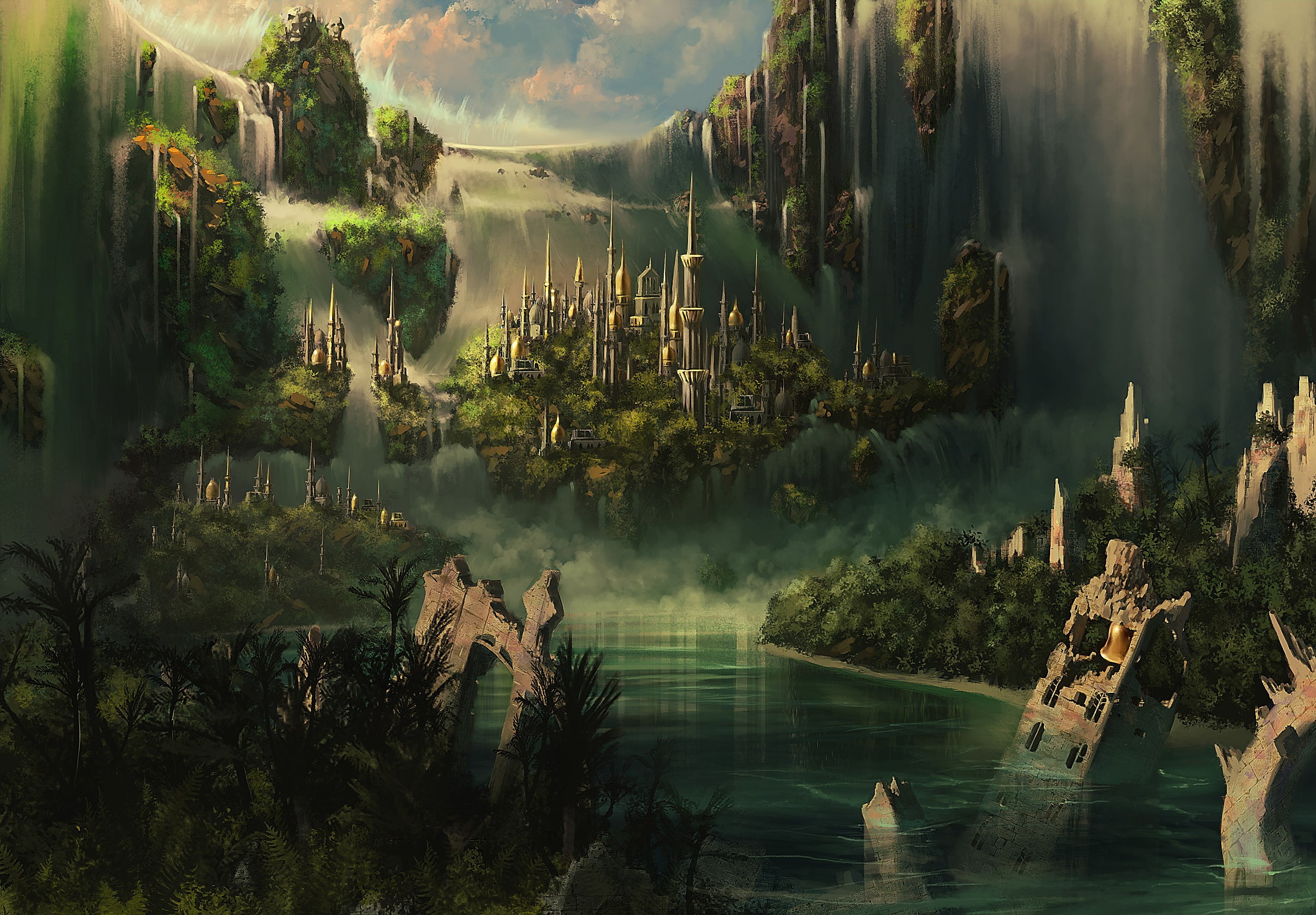 Floating islands with waterfalls and a city HD Wallpaper