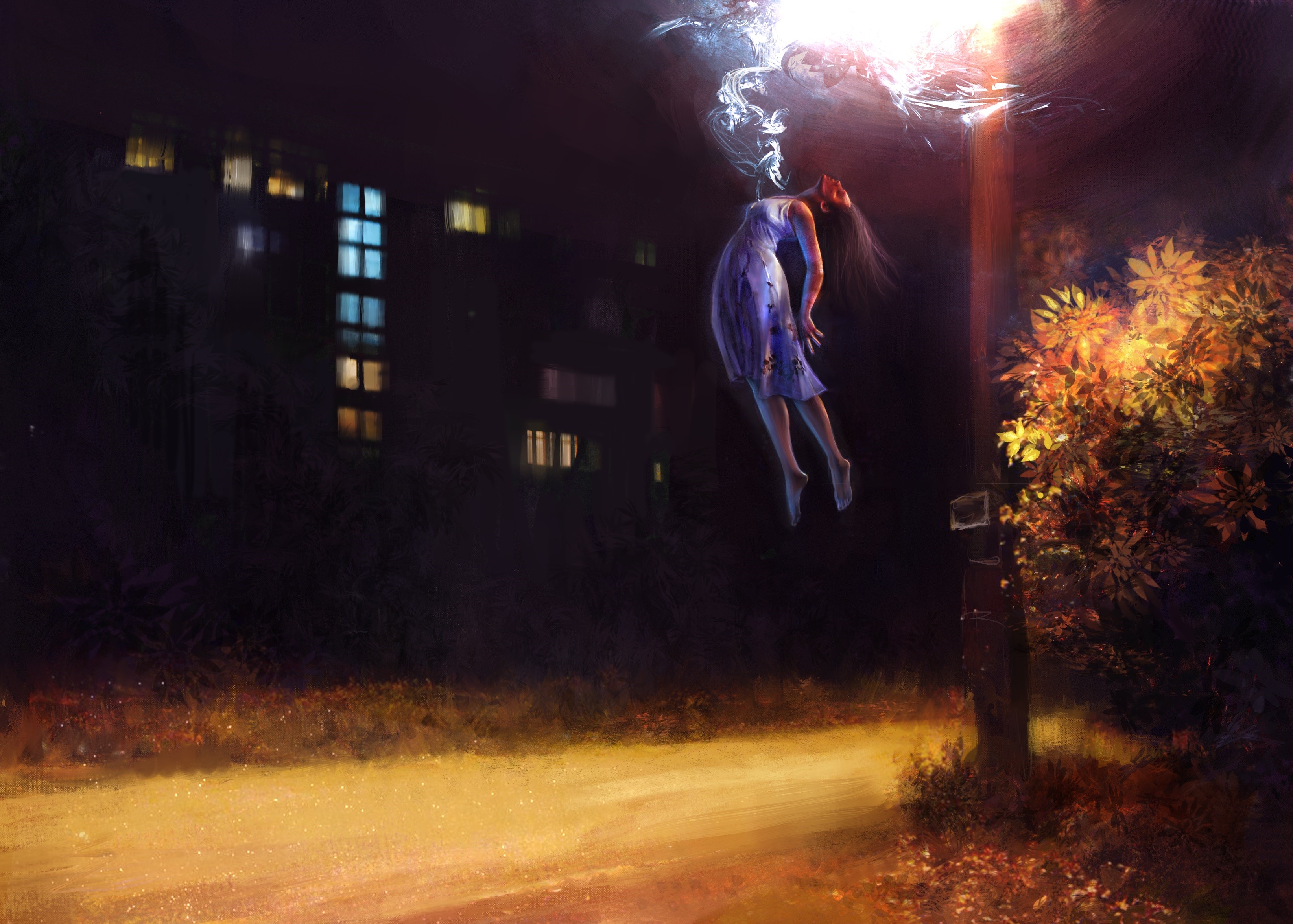 Woman levitating under a street lamp at night HD Wallpaper