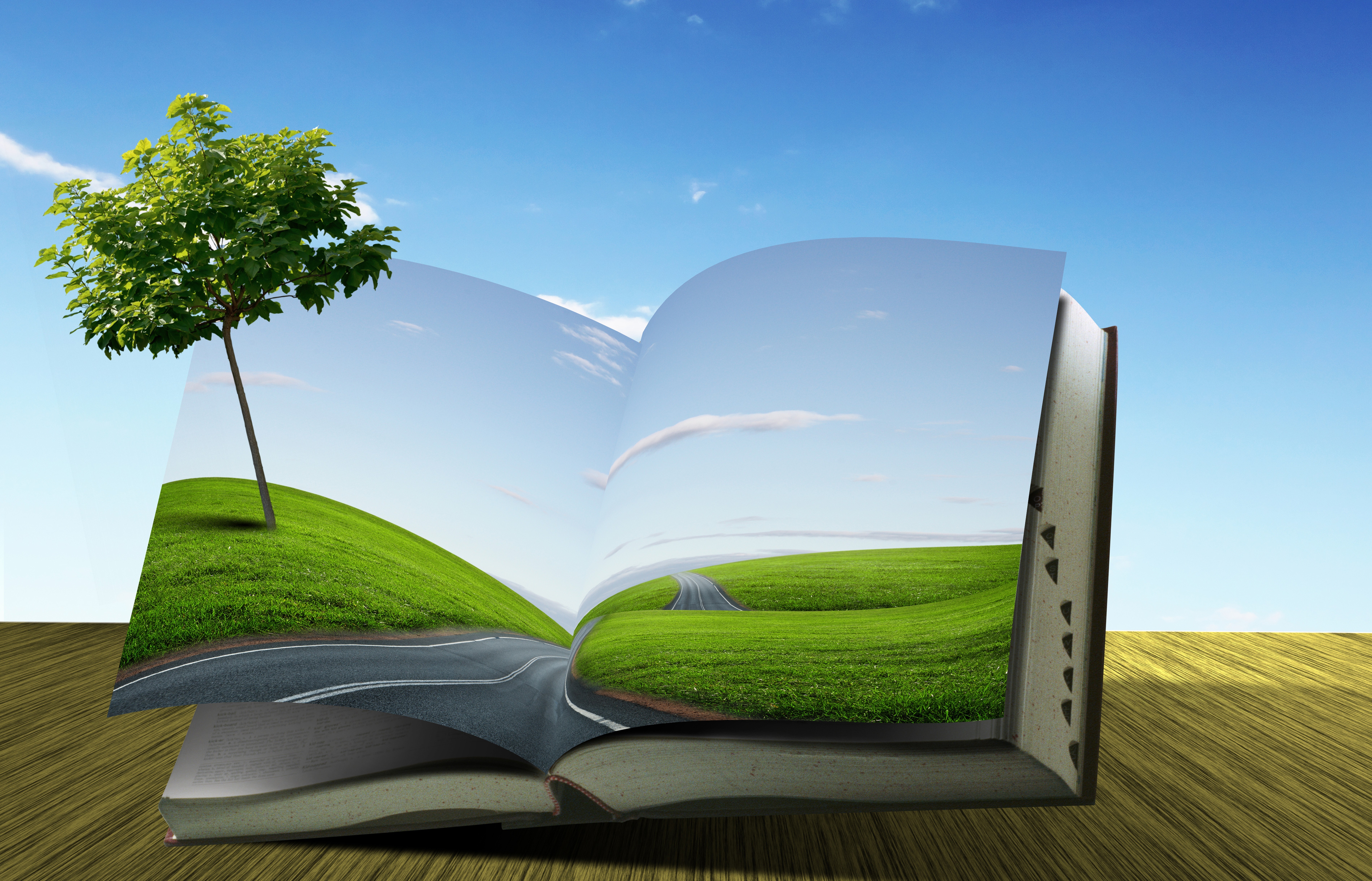 Open book with landscape and tree HD Wallpaper