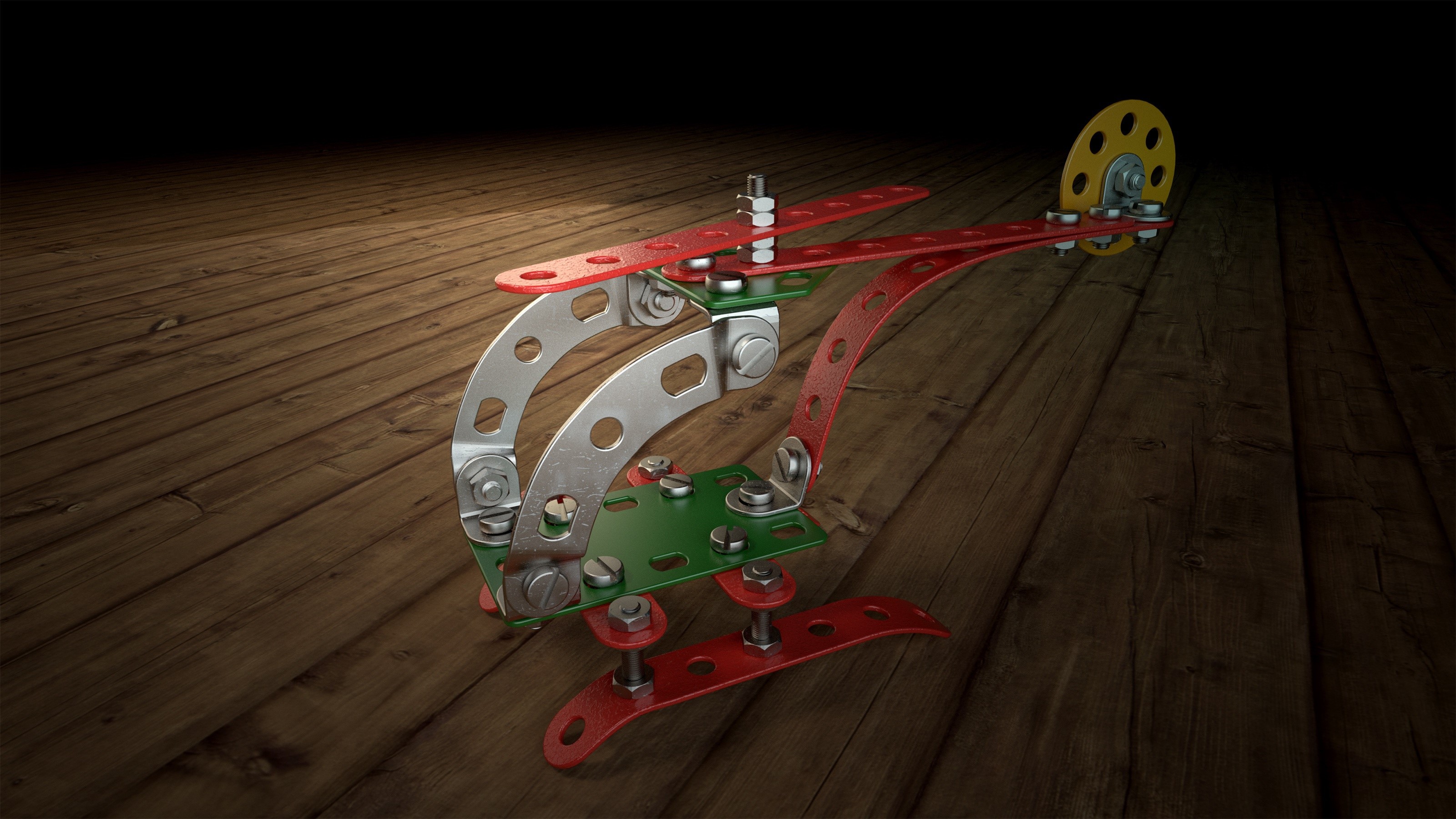 Toy helicopter made of construction set parts on a wooden floor HD Wallpaper