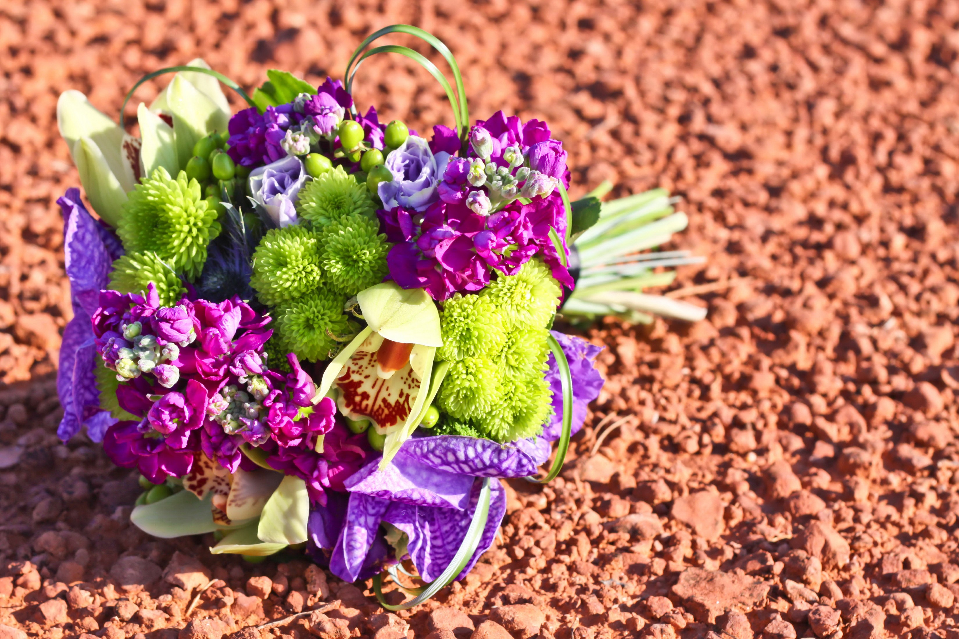 Bouquet of Orchids and Chrysanthemums on Red Gravel HD Wallpaper