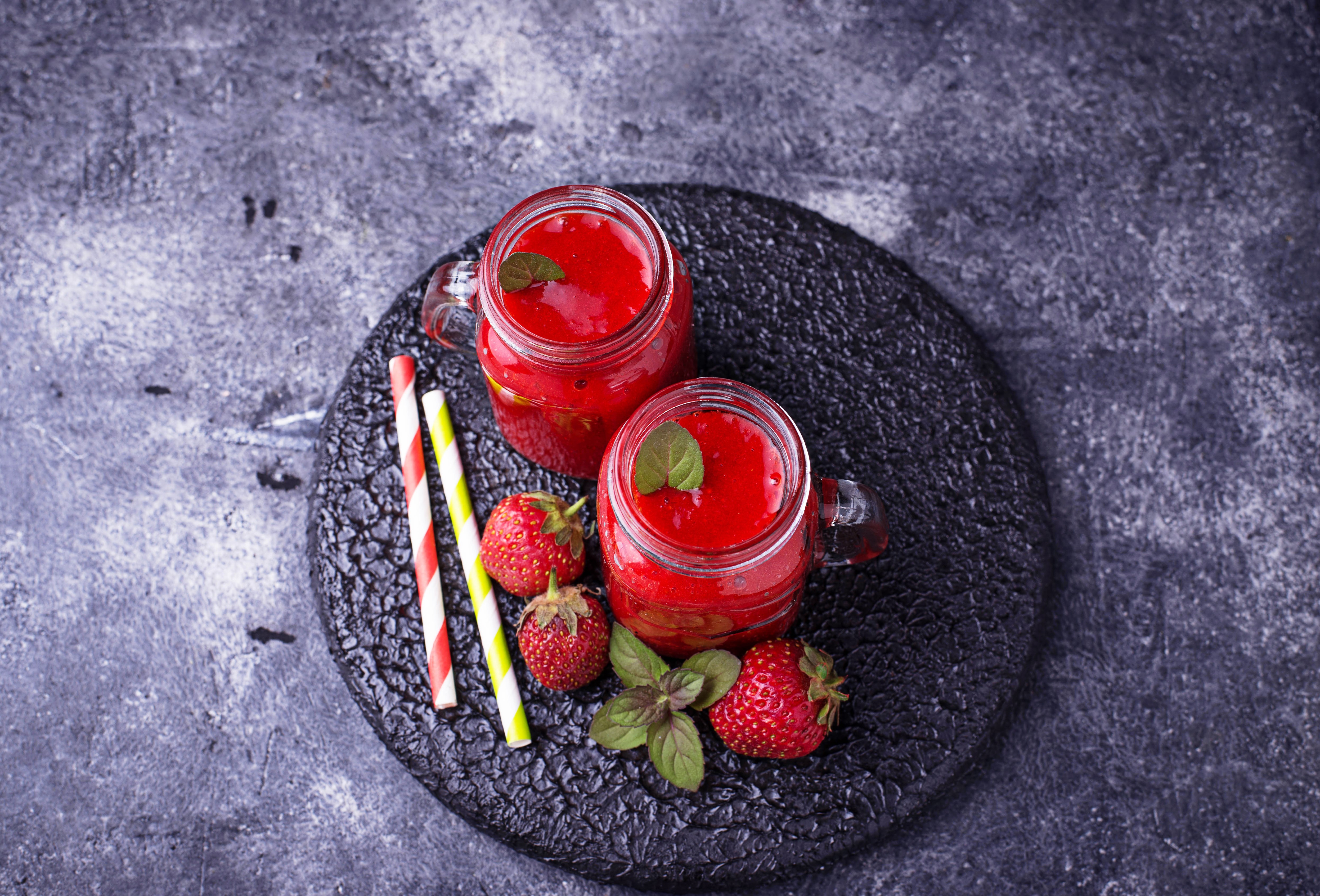 Strawberry Juice in Jars with Strawberries HD Wallpaper