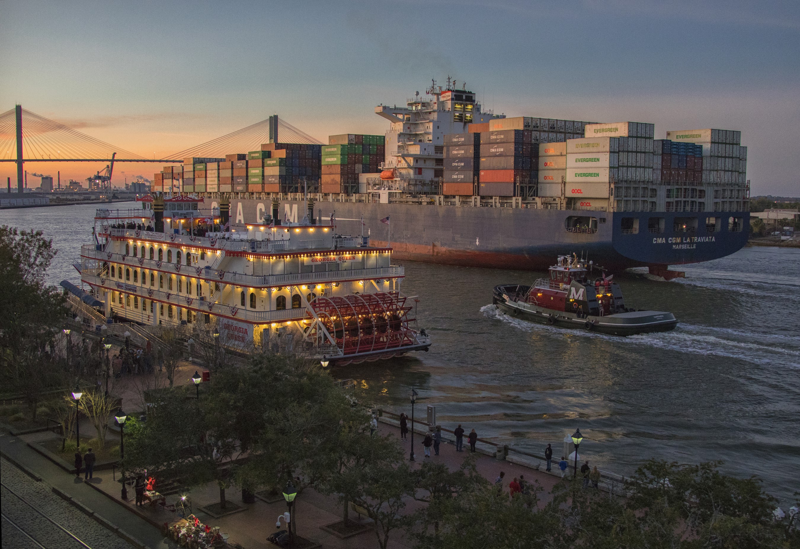 Container Ship and Riverboat in Savannah, Georgia at Dusk HD Wallpaper