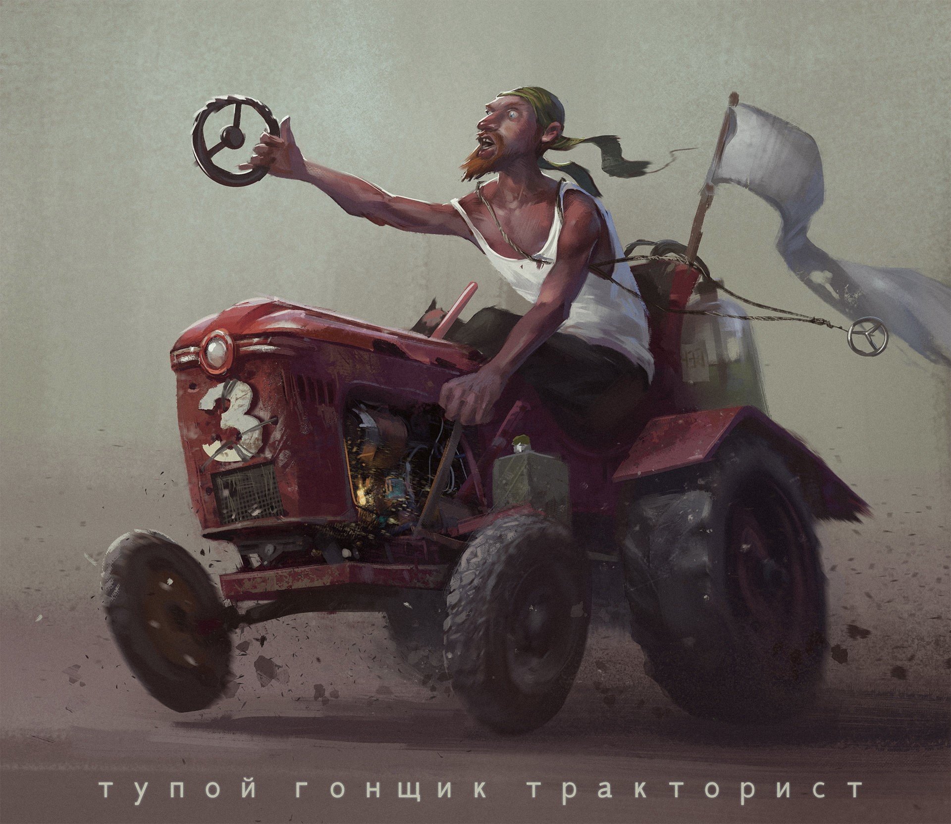 Man driving a red tractor with a white flag HD Wallpaper