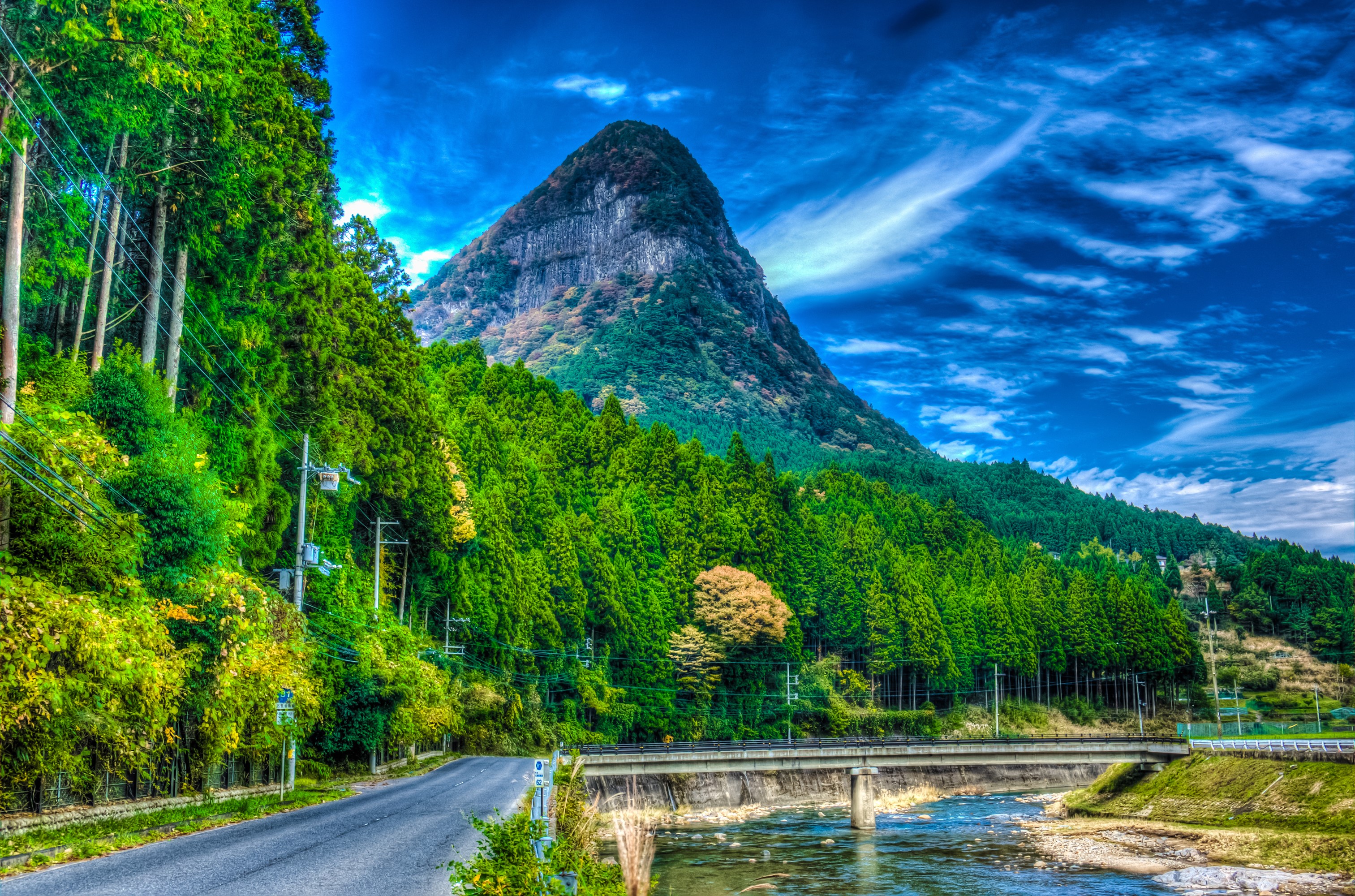 Mountain, Forest, River, and Bridge in Japan HD Wallpaper