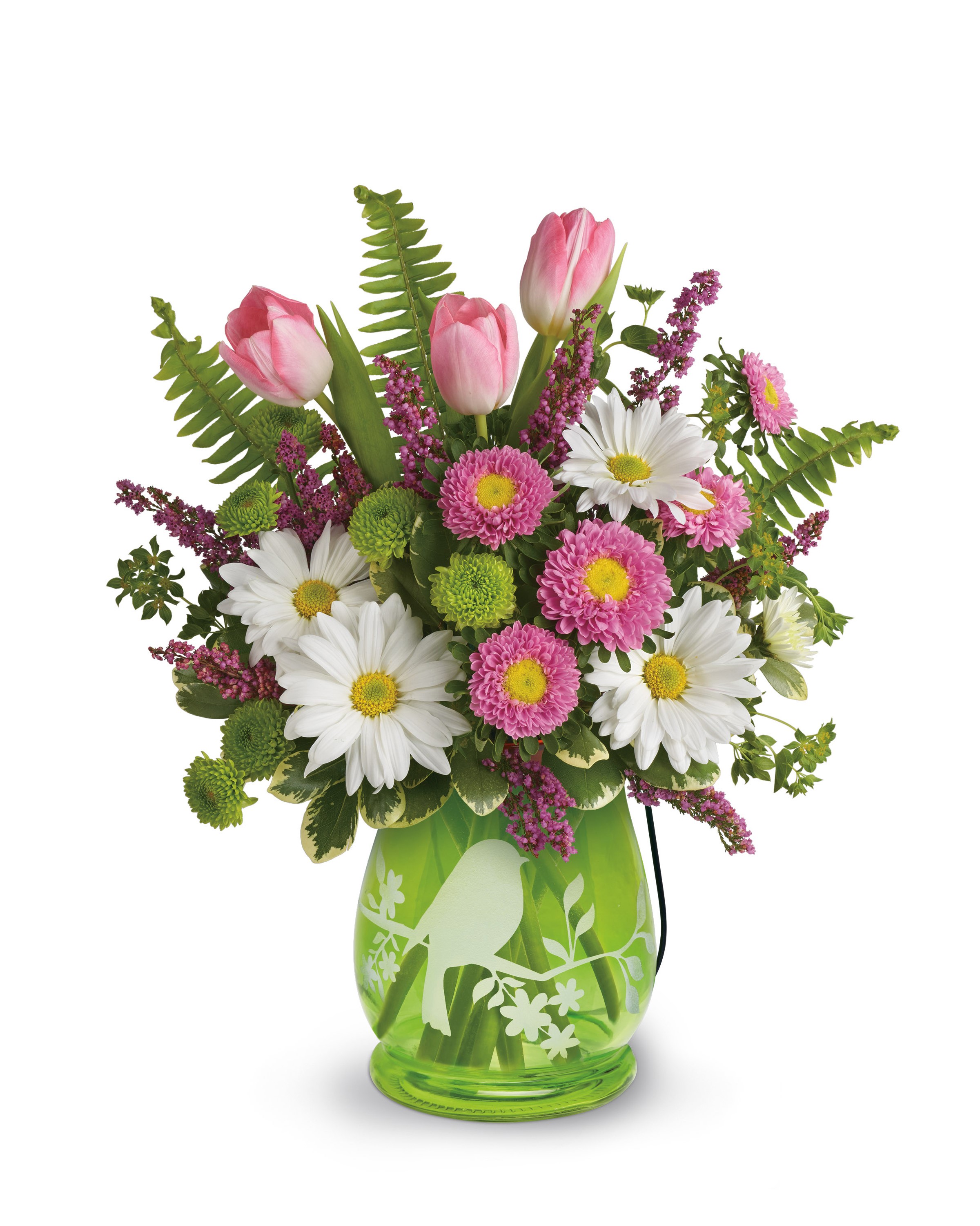 Pink Tulips and Daisies Flower Arrangement in Green Bird Vase HD Phone Wallpaper