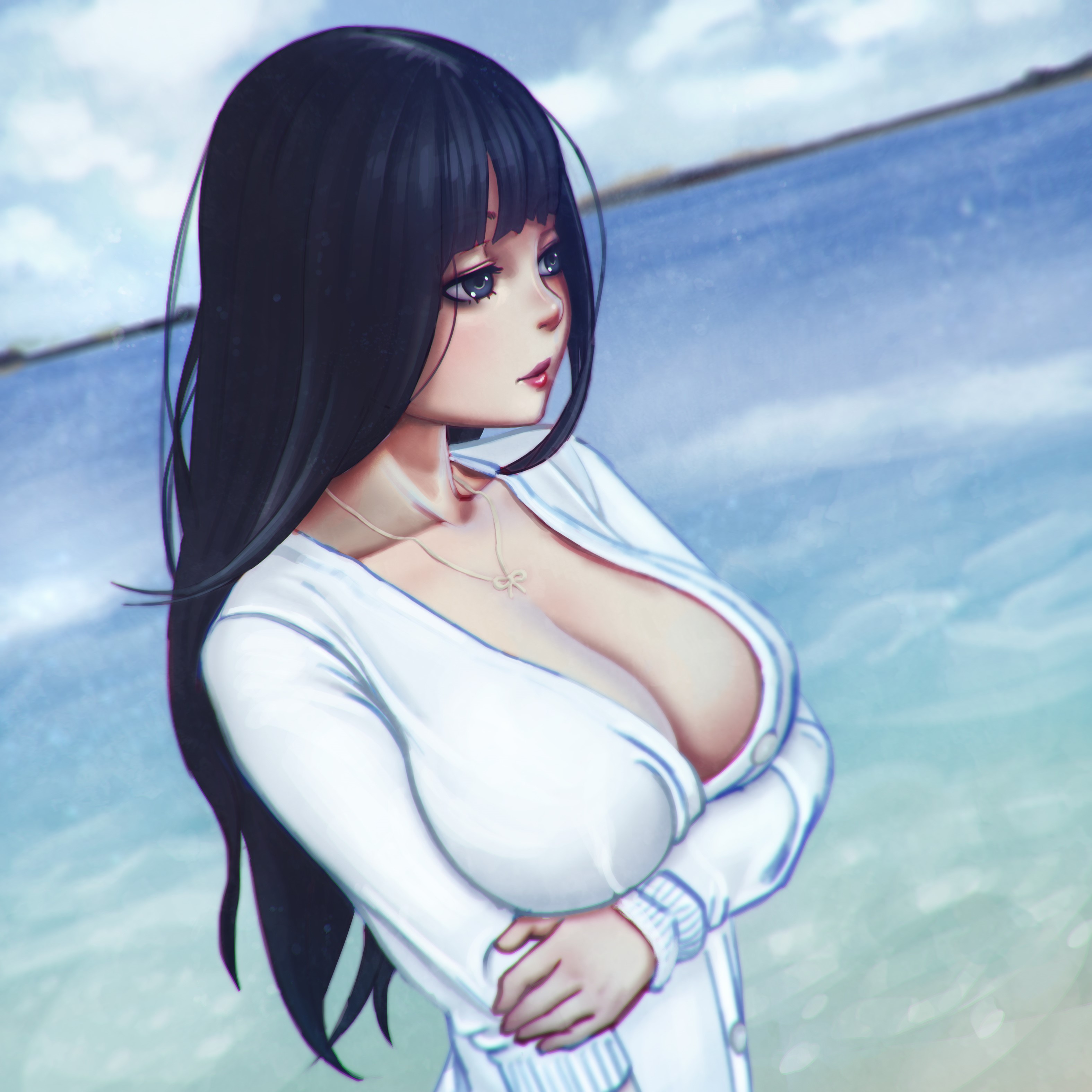 Brunette girl in white cardigan by the water HD Wallpaper