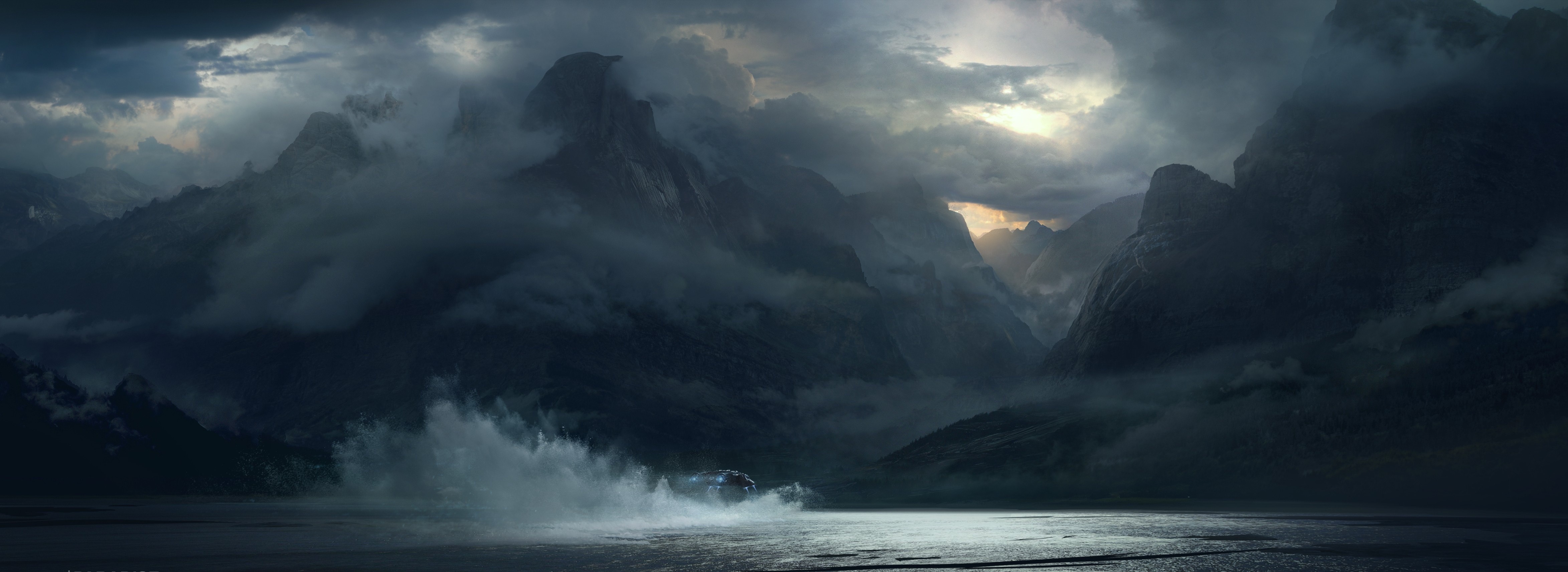 Alien: Covenant Starship on Water with Mountains HD Wallpaper