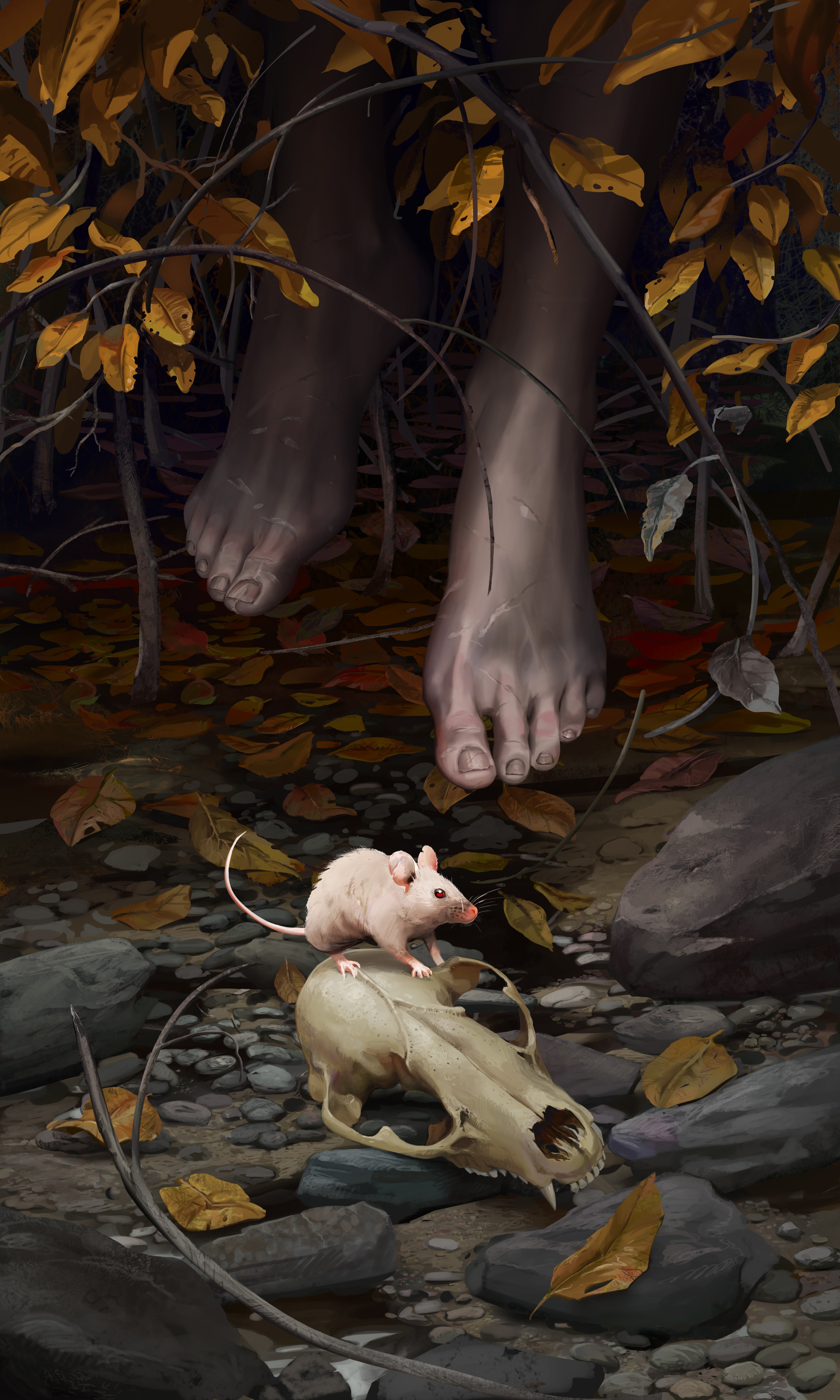 Mouse on a skull near human feet in autumn leaves HD Phone Wallpaper