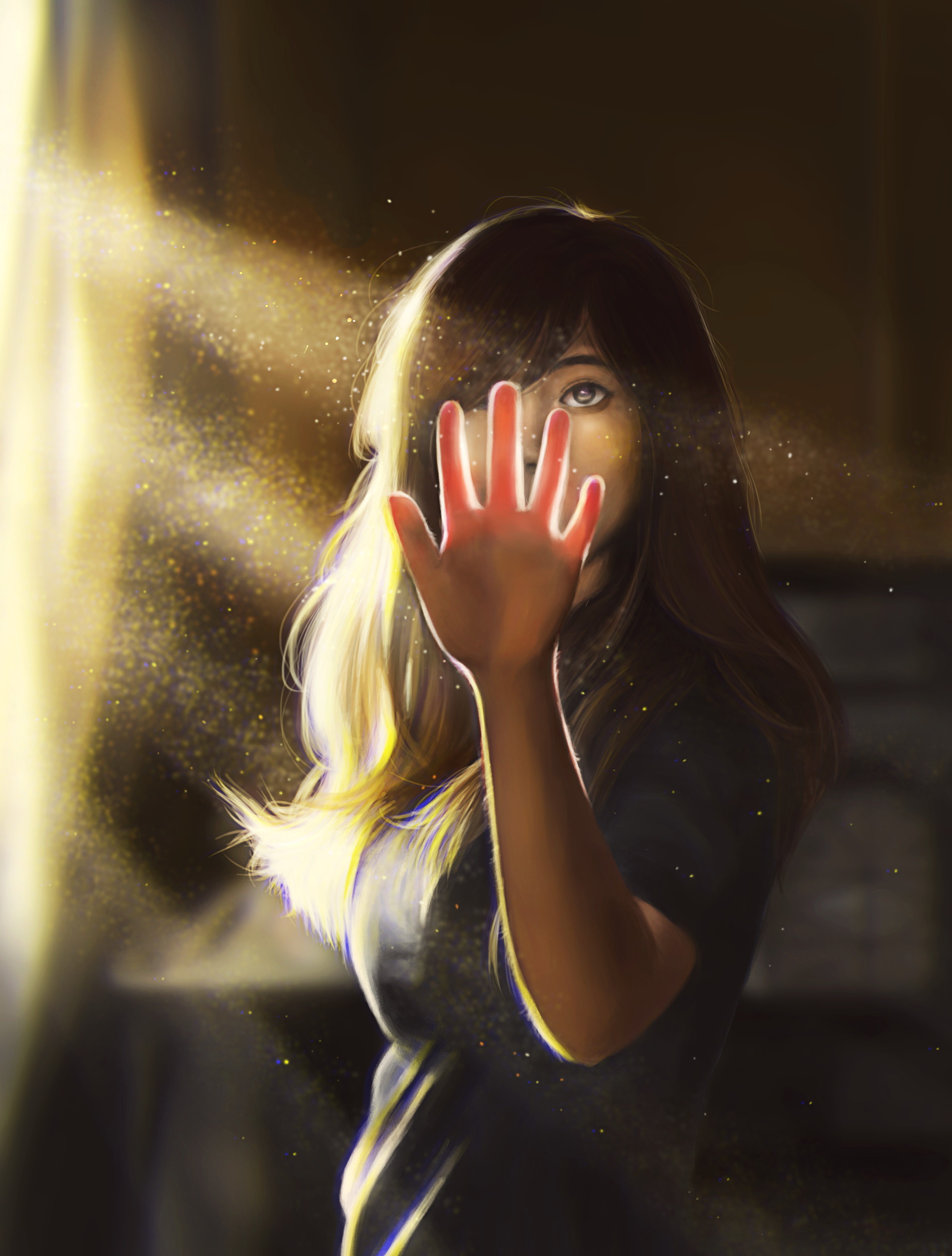 Painting of a woman with brown hair holding up her hand HD Phone Wallpaper