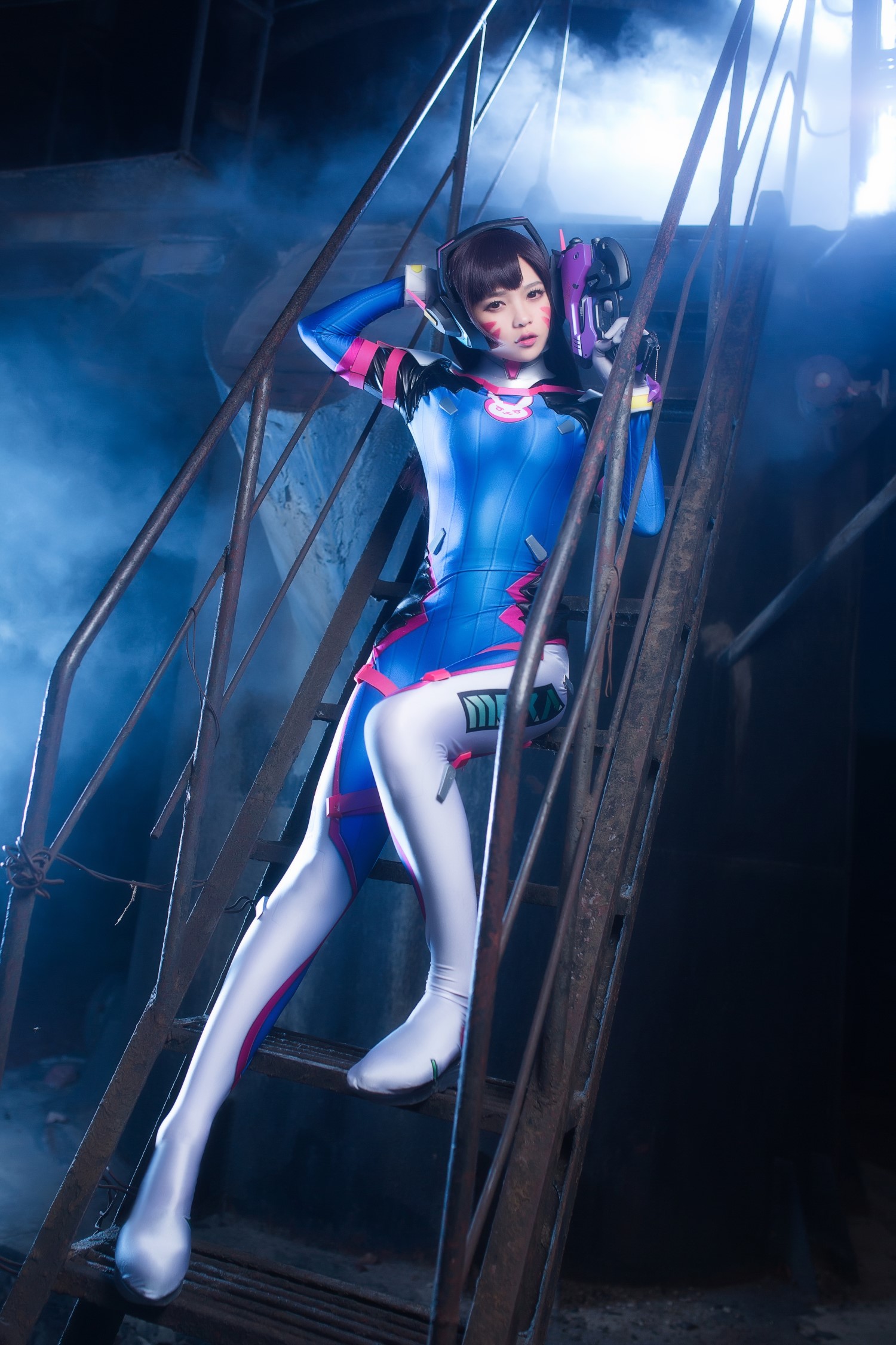 D.Va from Overwatch on metal stairs HD Phone Wallpaper