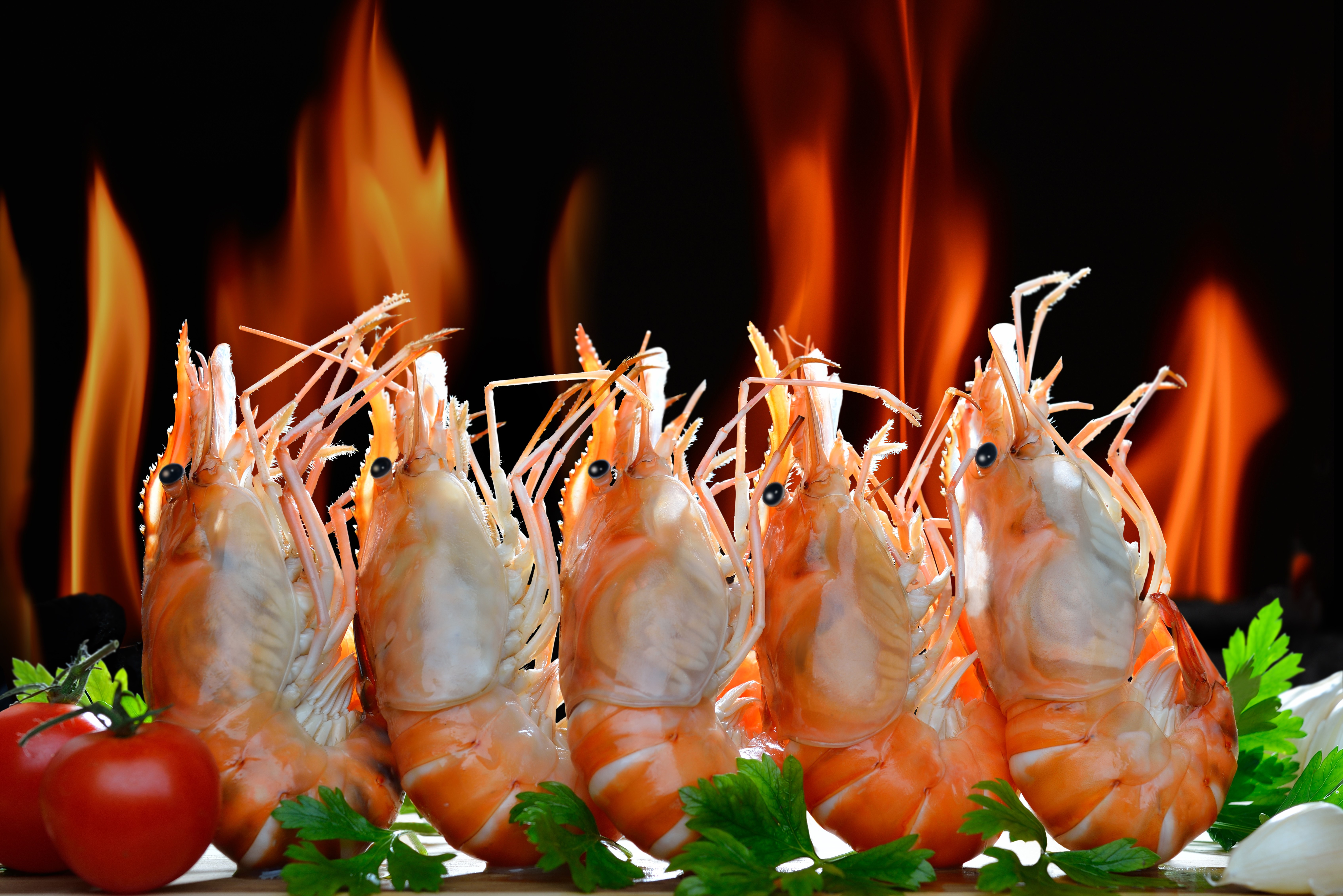 Shrimp grilling with flames and tomatoes HD Wallpaper