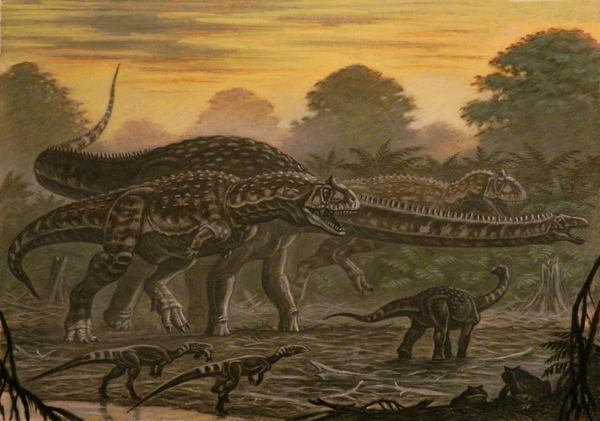 Majungasaurus, Masiakasaurus, and Rapetosaurus dinosaurs in prehistoric landscape HD Wallpaper
