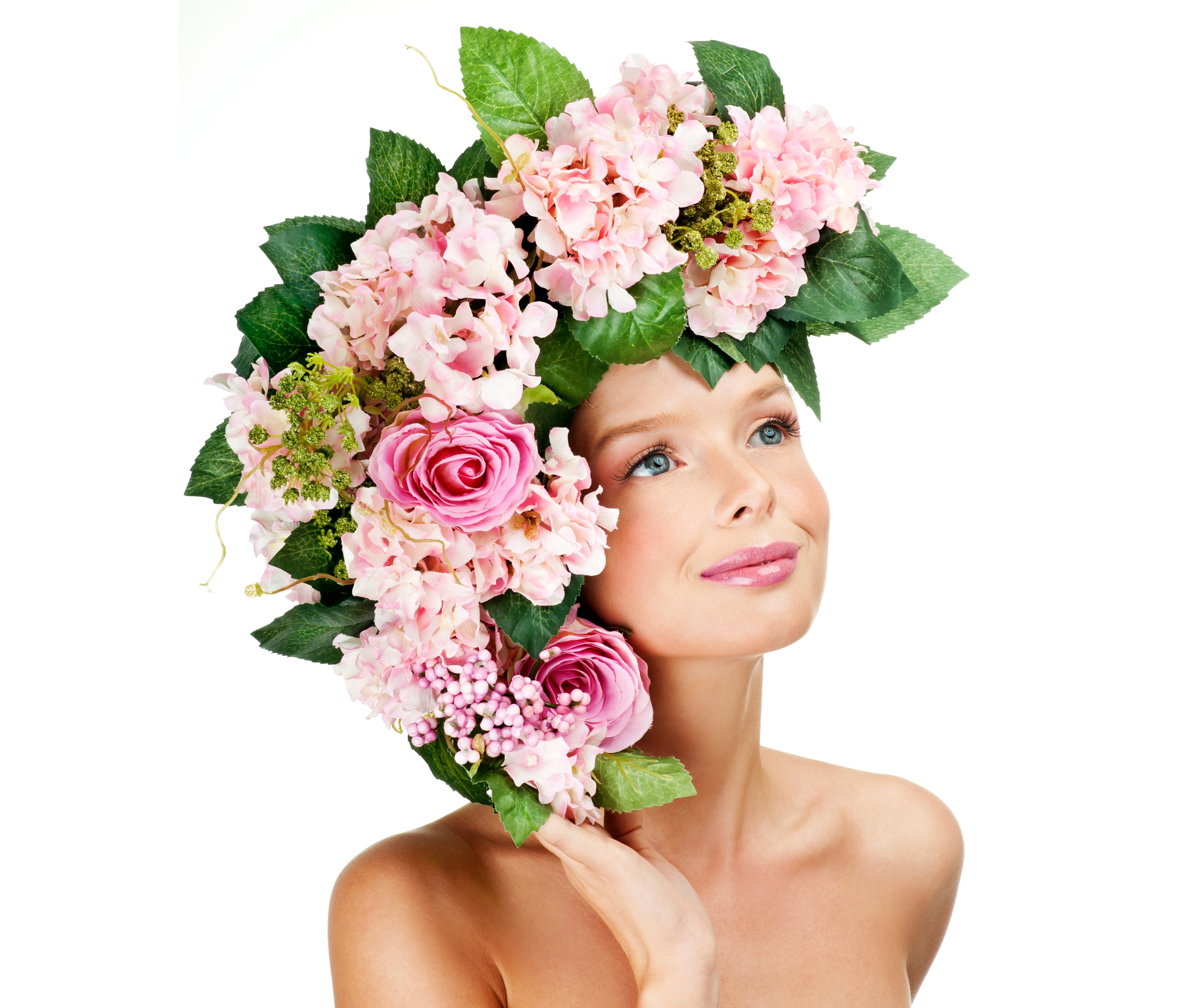 Woman with Pink Flowers in Hair HD Wallpaper