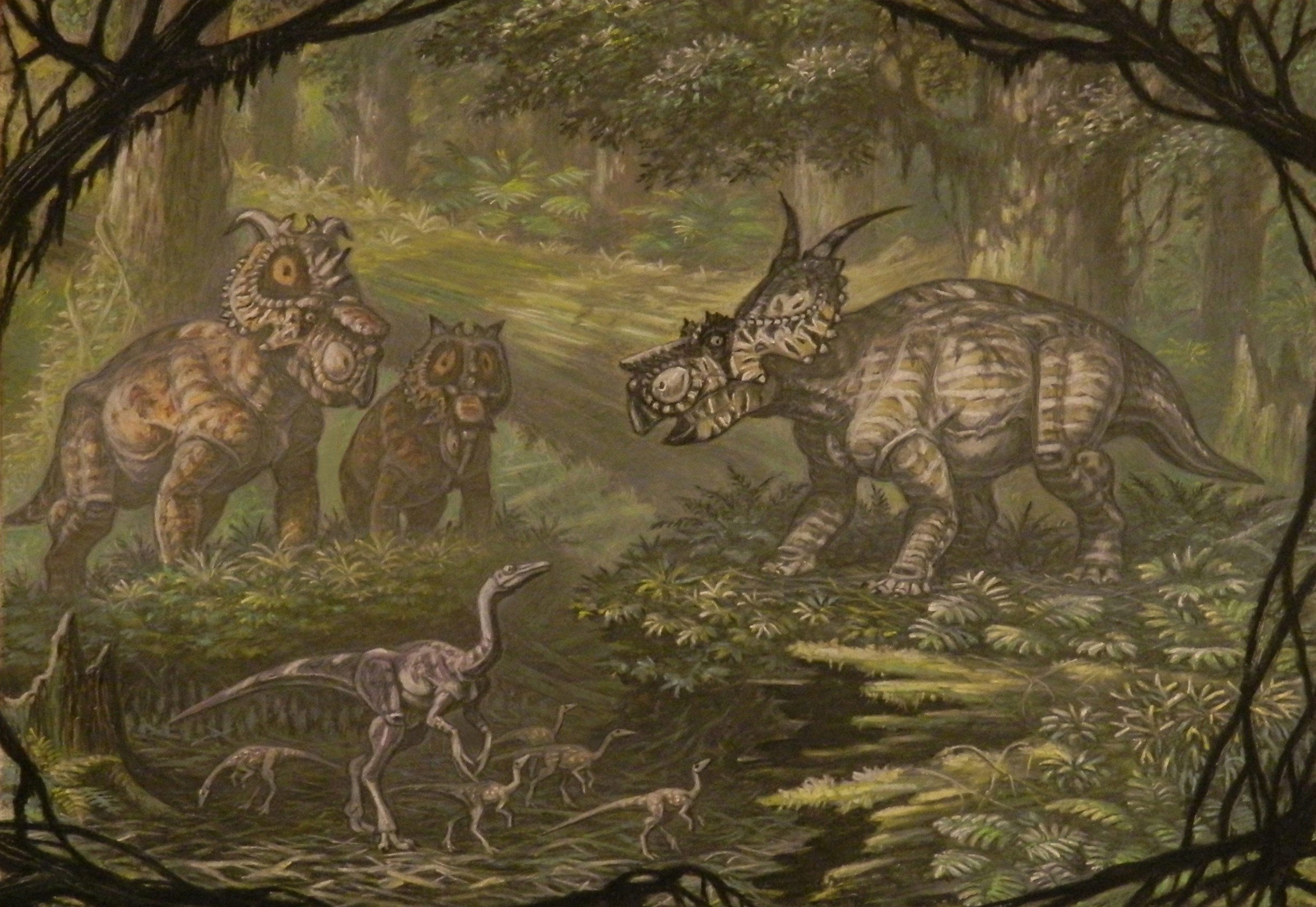 Pachyrhinosaurus, Achelousaurus, and Dromiceiomimus dinosaurs in a forest painting HD Wallpaper