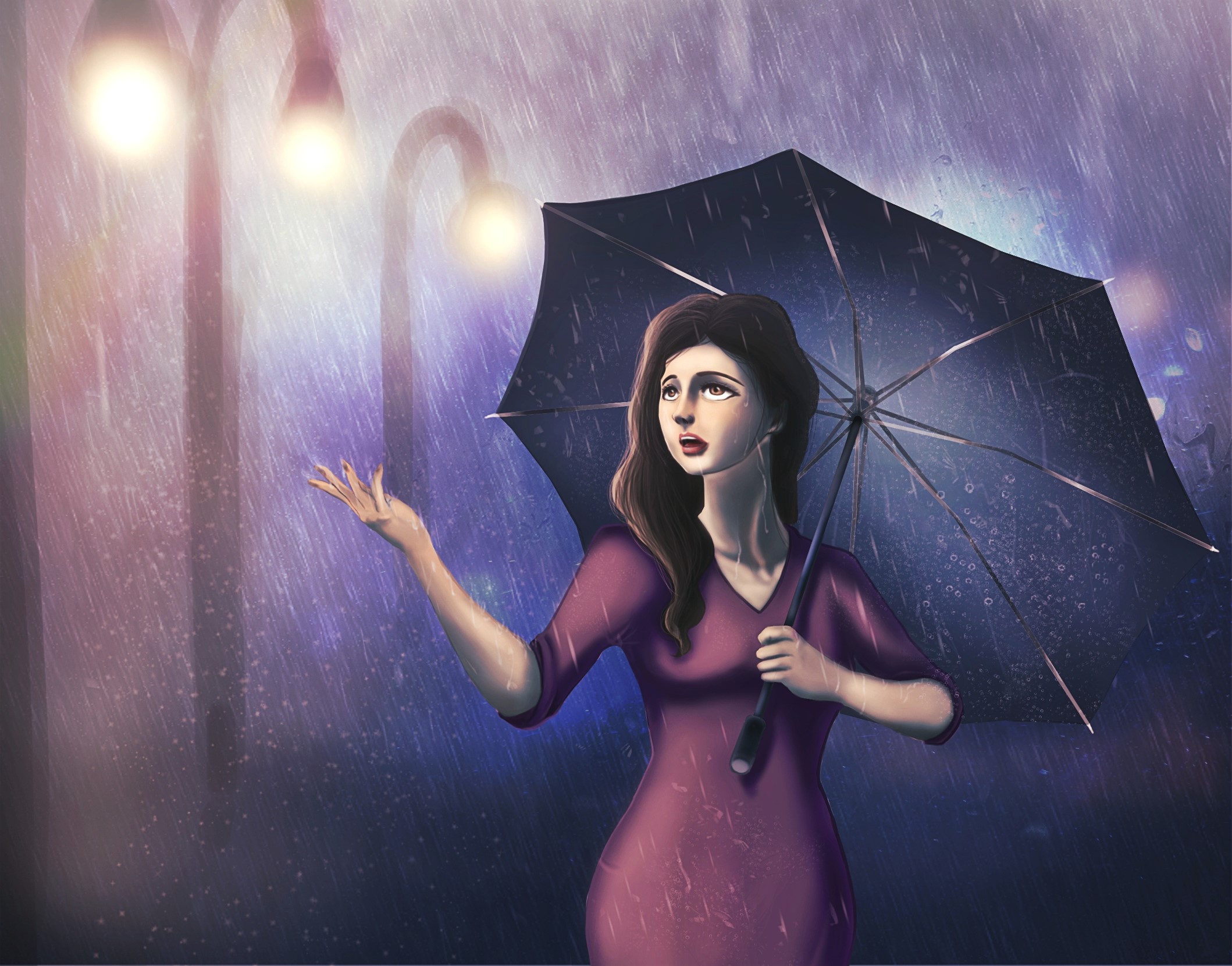 Painting of a woman holding an umbrella in the rain HD Wallpaper