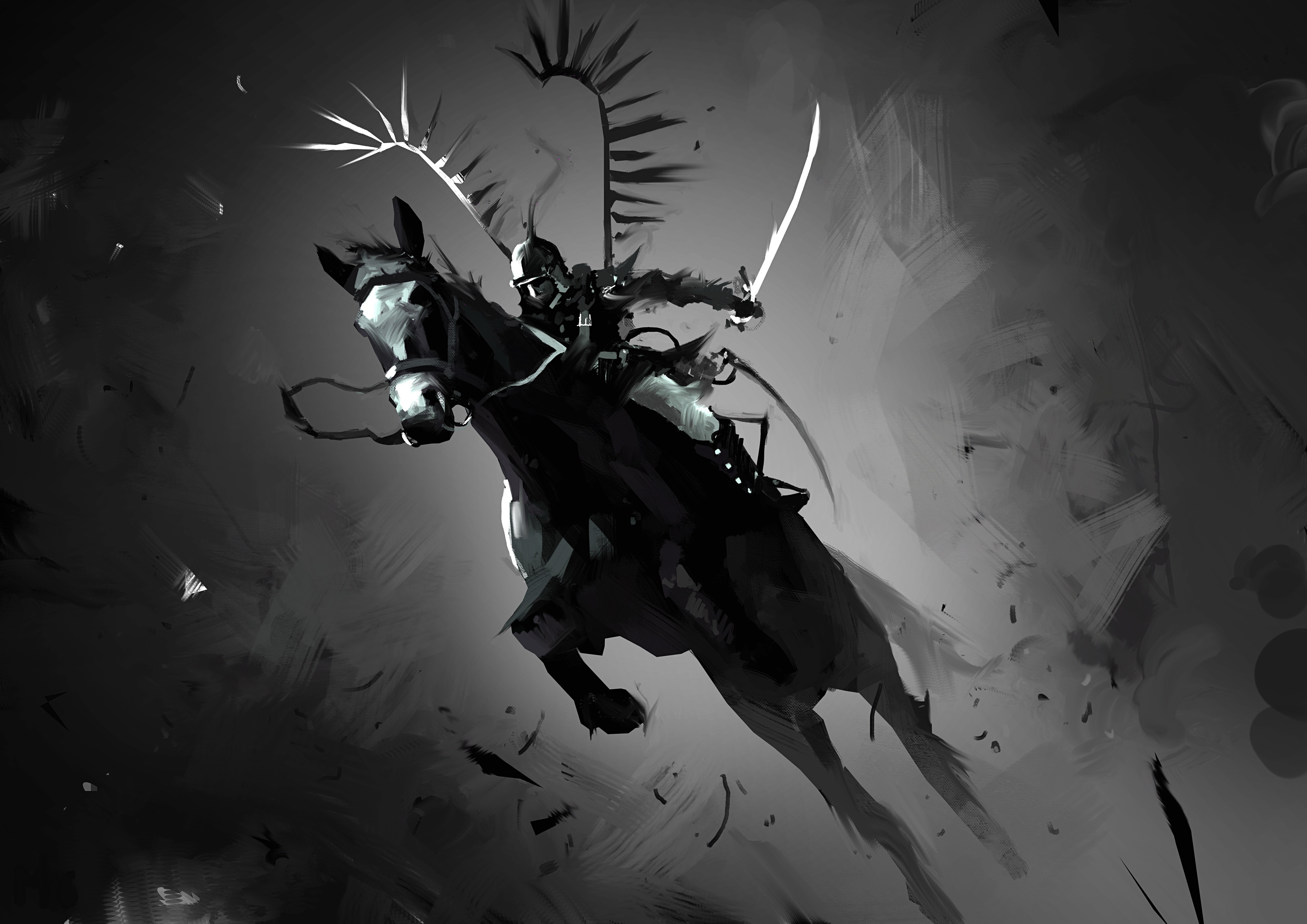 Black and white painting of a warrior on horseback with swords HD Wallpaper