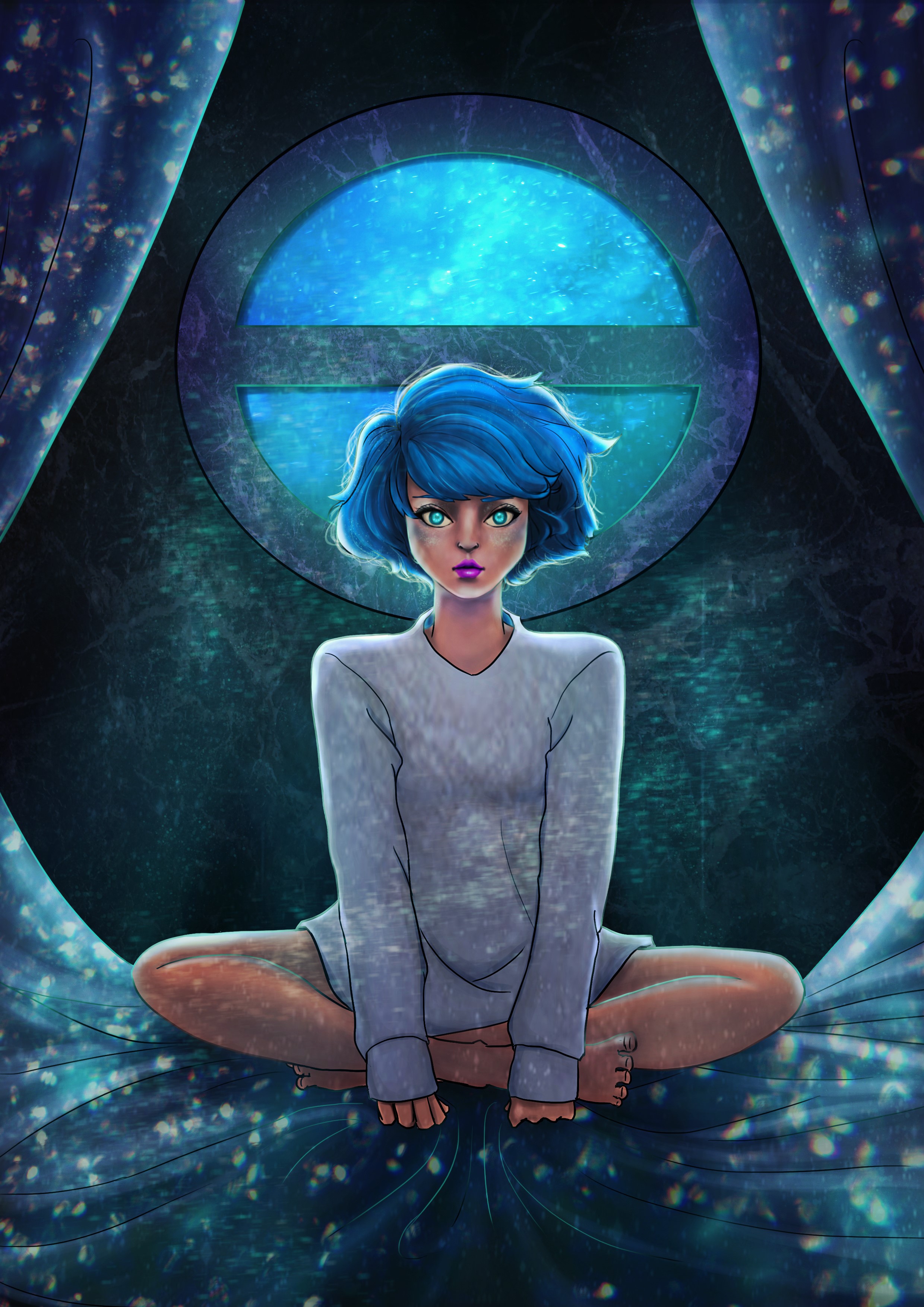 Girl with blue hair sitting by a round window HD Phone Wallpaper