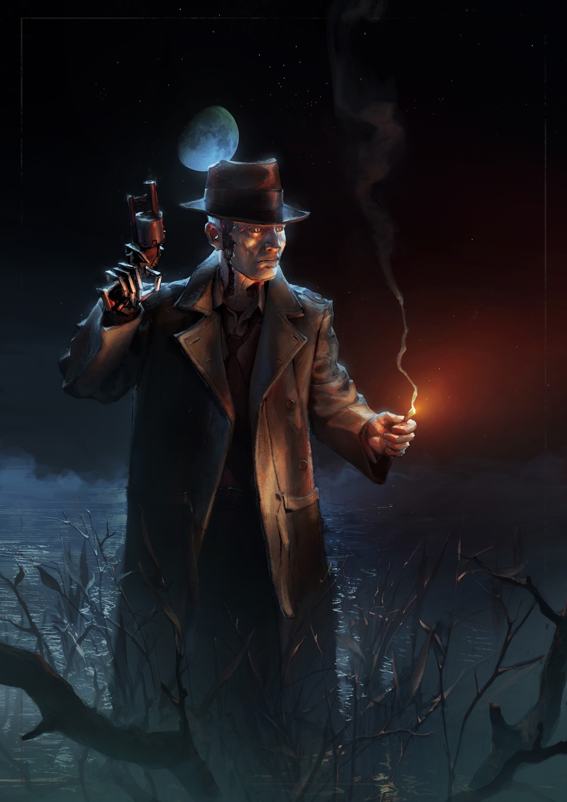 Robot with pistol and match in Fallout 4 at night HD Phone Wallpaper