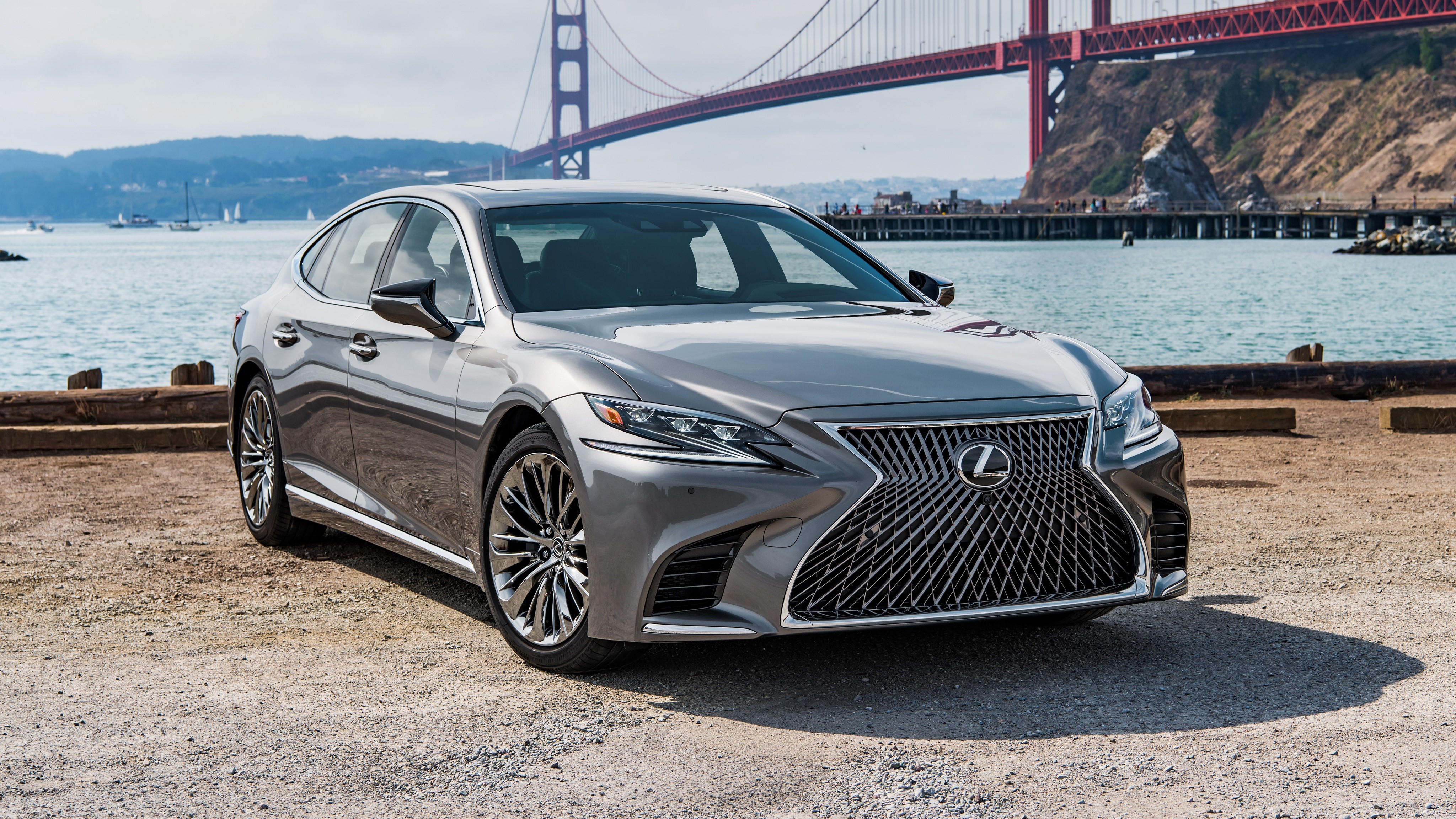 Lexus LS500 Silver Sedan near Golden Gate Bridge HD Wallpaper
