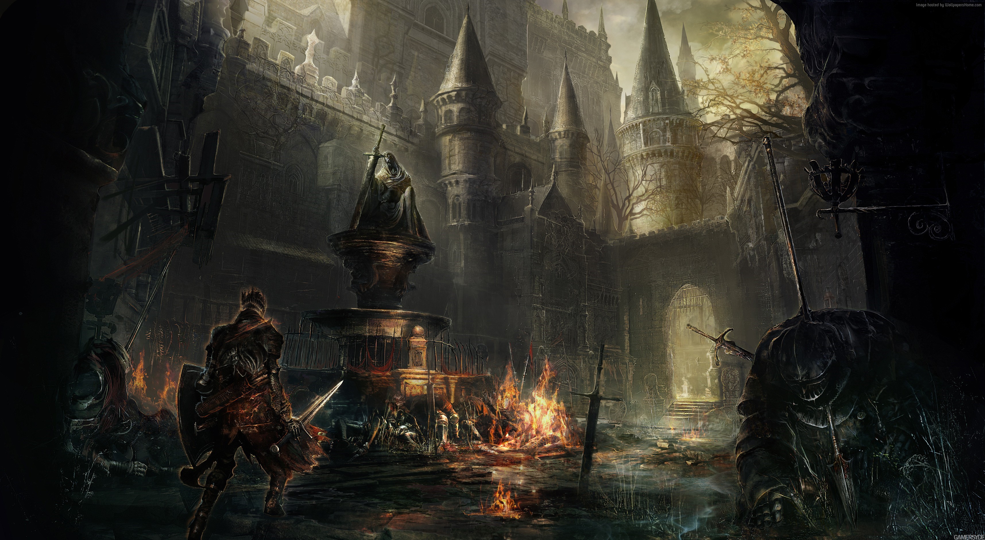 Warriors and fallen soldiers in a dark castle courtyard HD Wallpaper