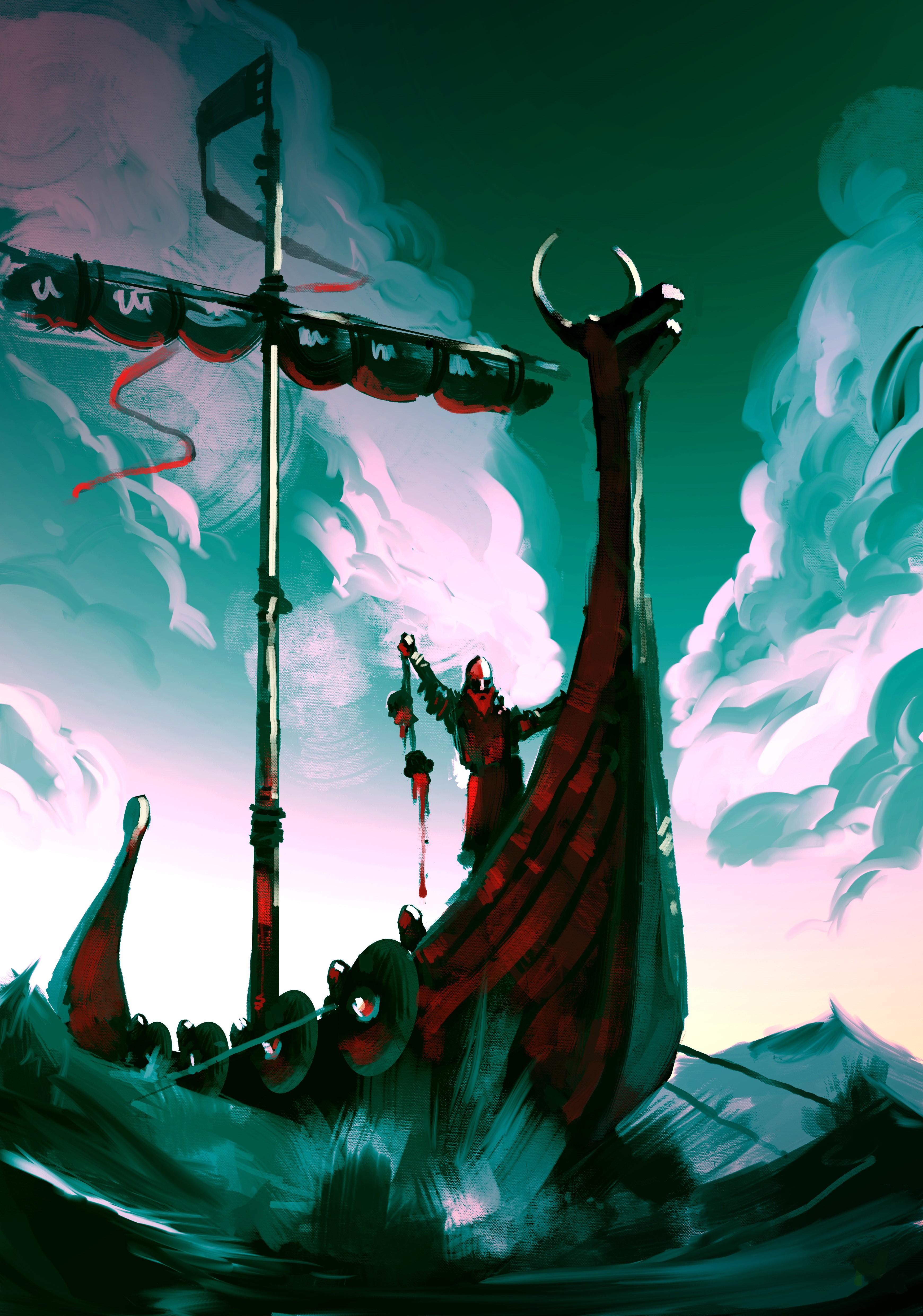 Viking warrior on a ship in rough seas HD Phone Wallpaper