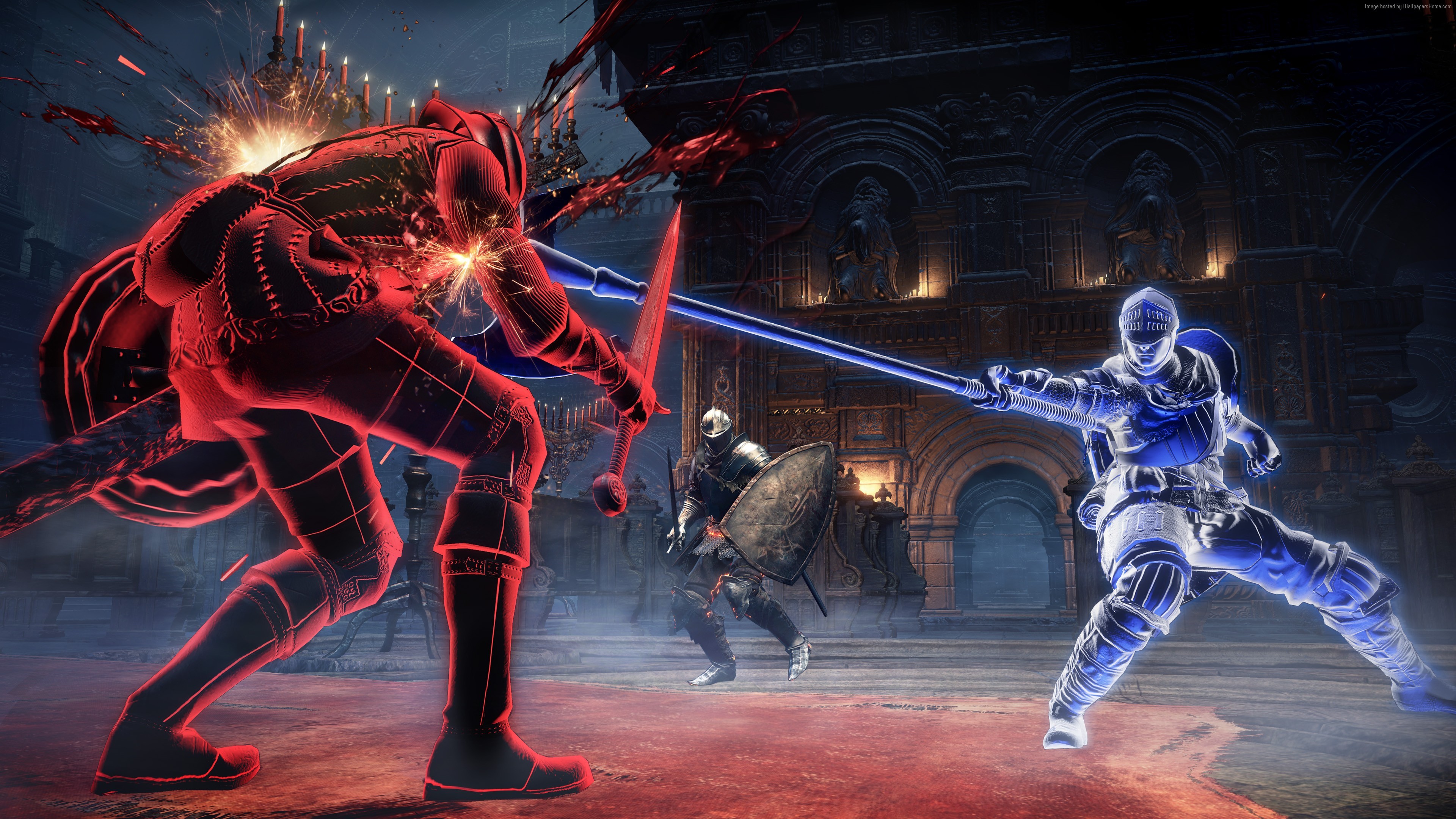 4K Warriors Battle with Swords and Spear in Dark Souls III HD Wallpaper