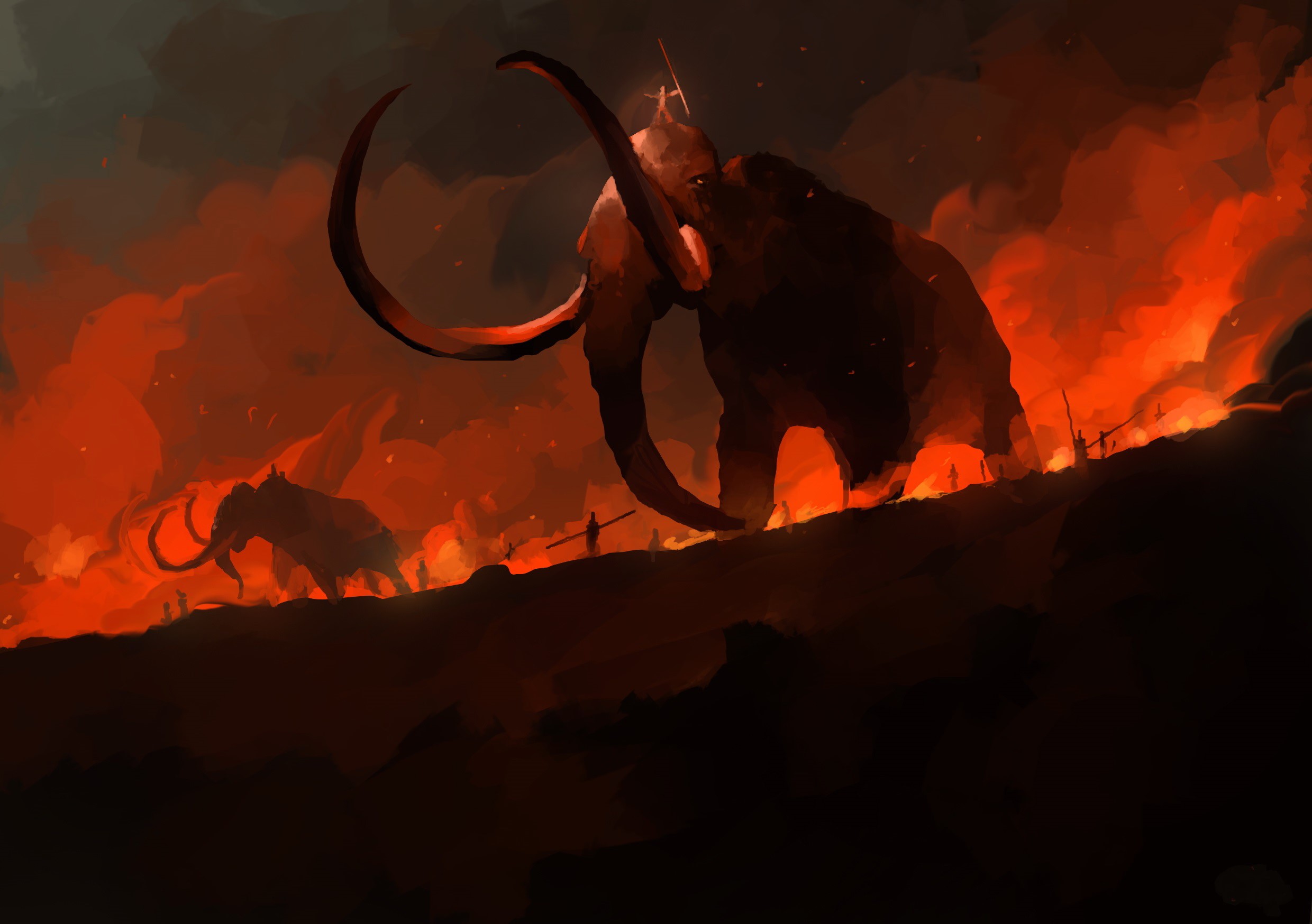 Mammoths in a fiery landscape with small figures HD Wallpaper
