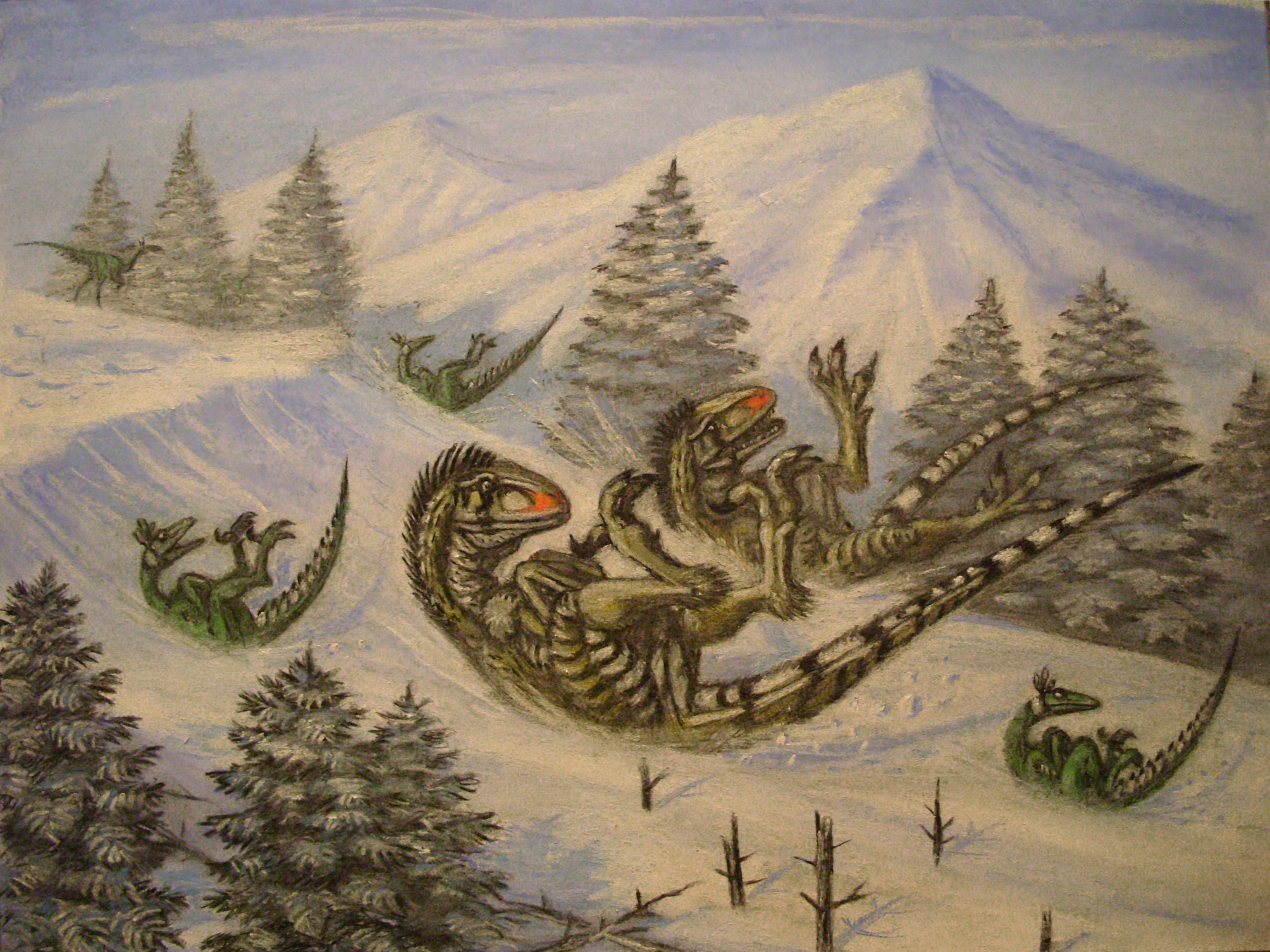 Dinosaurs playing in the snow HD Wallpaper