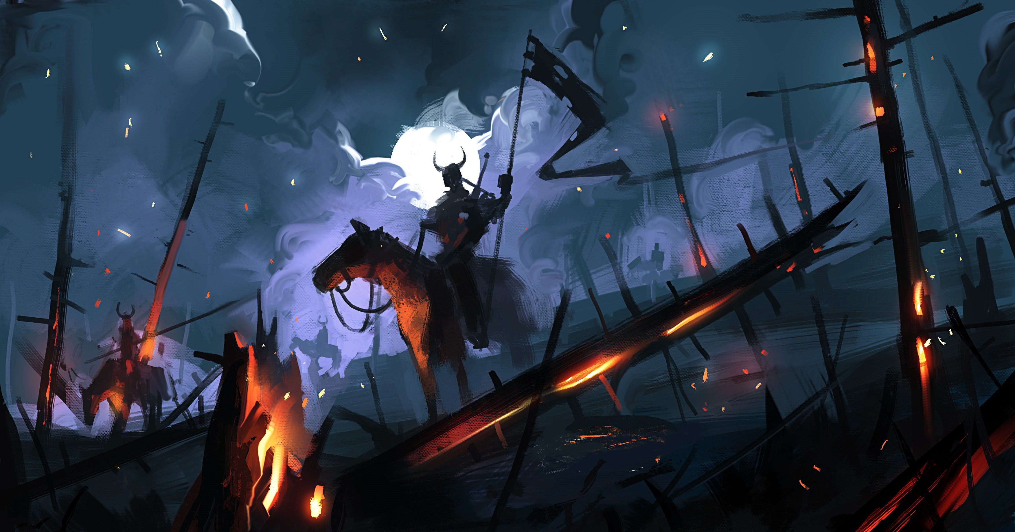 Warriors on horseback in a burning forest at night HD Wallpaper