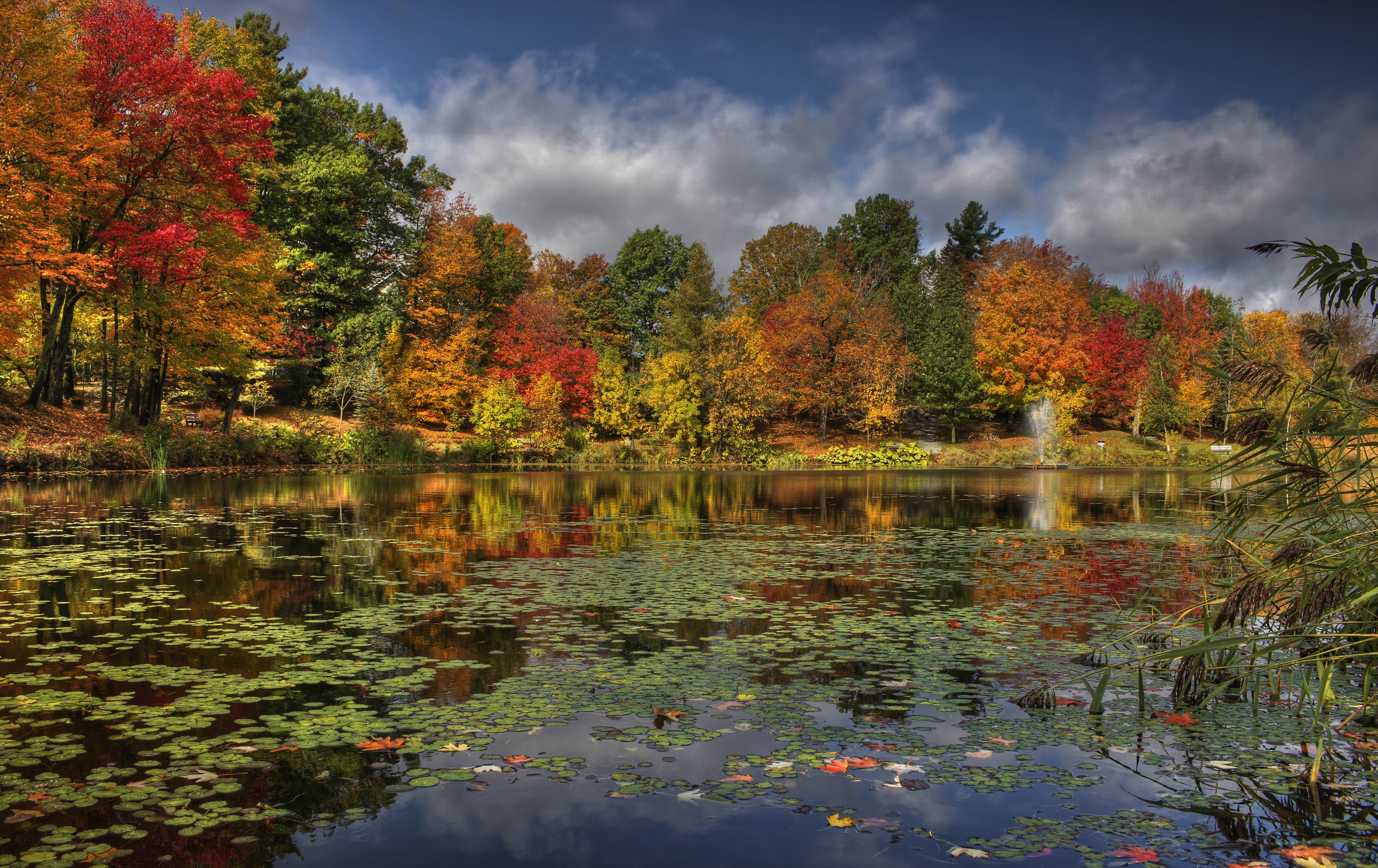 Autumn foliage reflected in a lake in Sherbrooke, Quebec, Canada HD Wallpaper