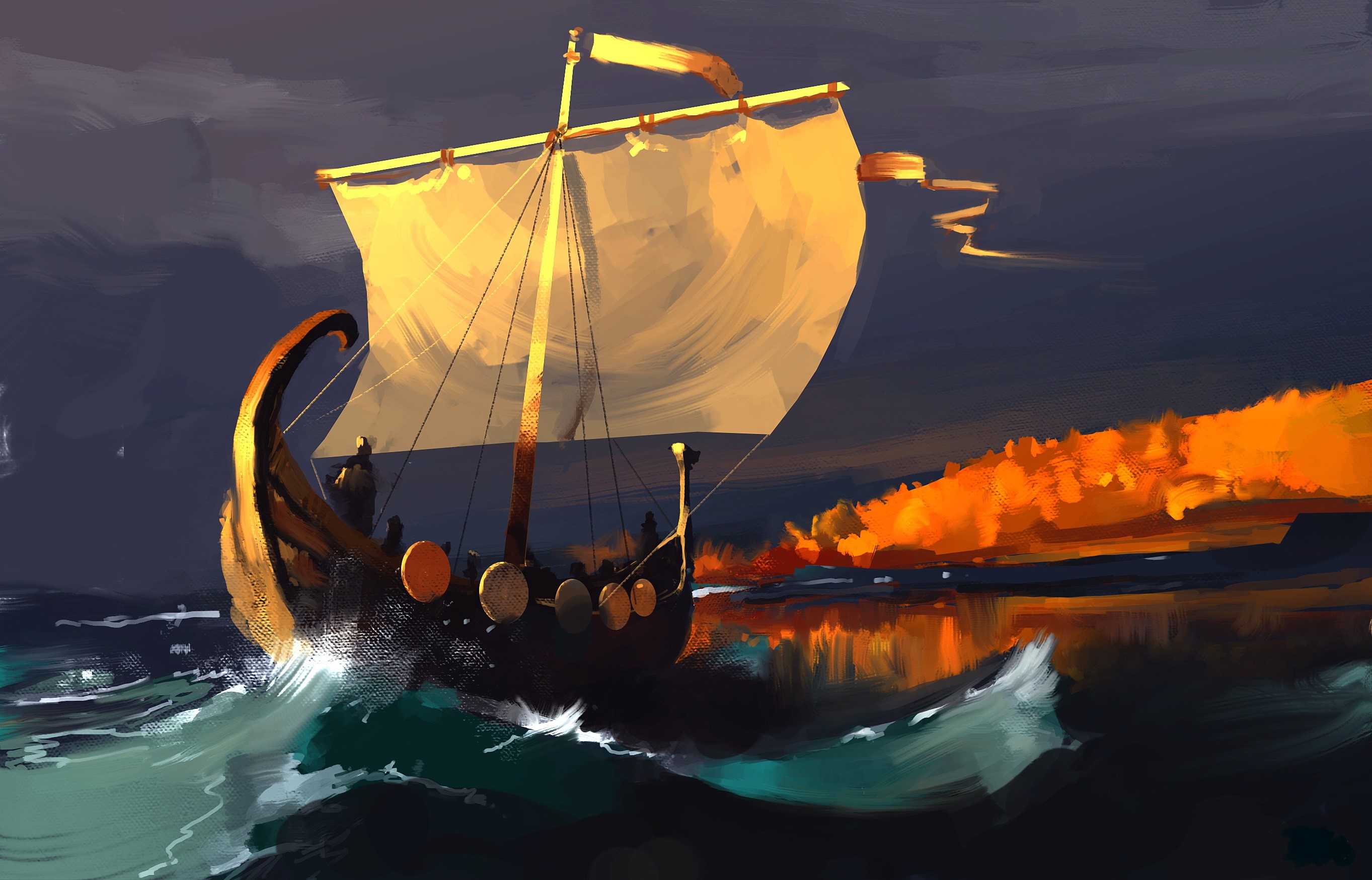 Viking ship sailing on rough seas at sunset HD Wallpaper