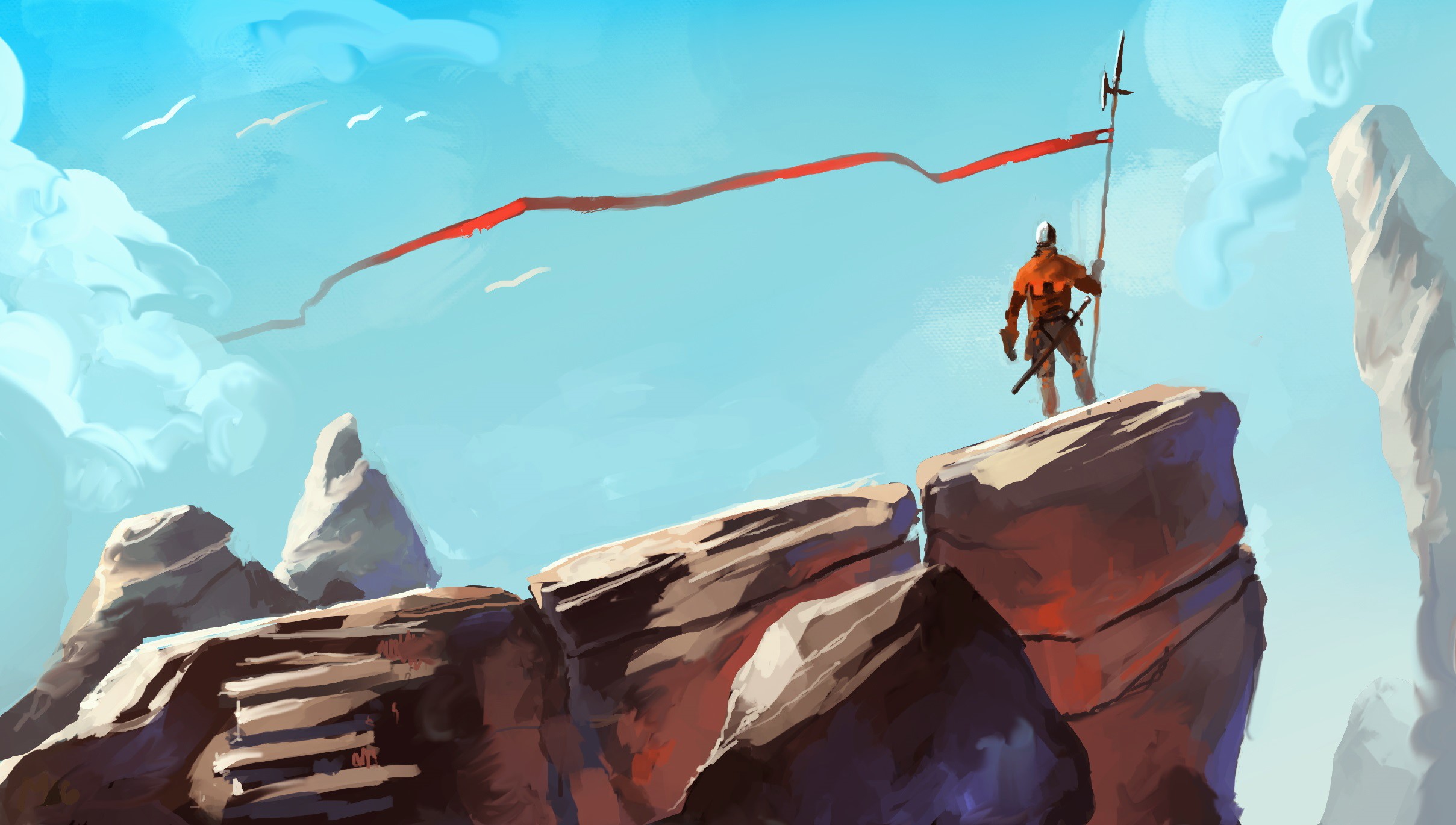Warrior with Spear and Banner on Rocky Crag HD Wallpaper