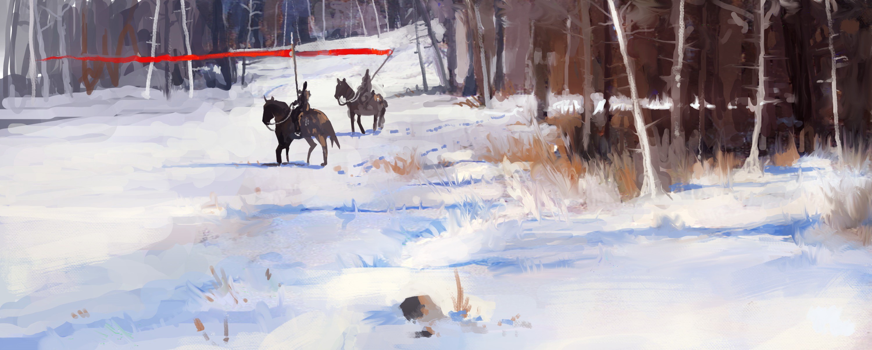 Two warriors on horseback in a snowy forest HD Wallpaper
