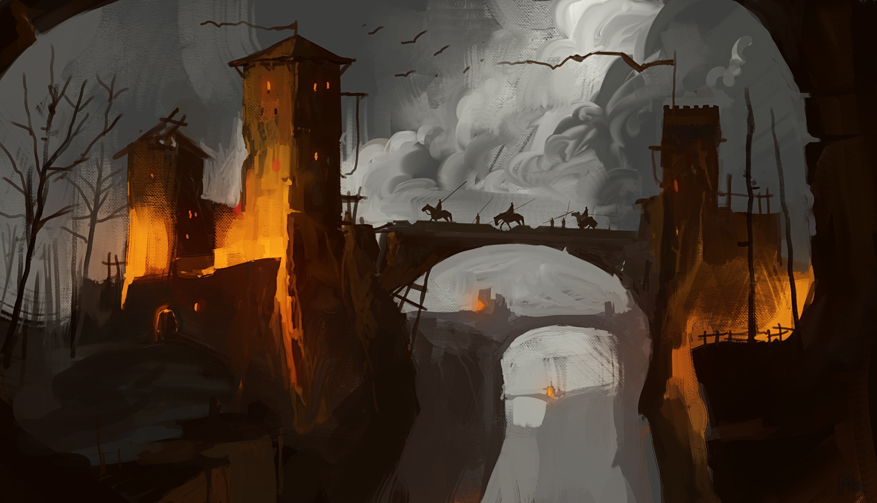 Warriors crossing a bridge near a burning fortress HD Wallpaper