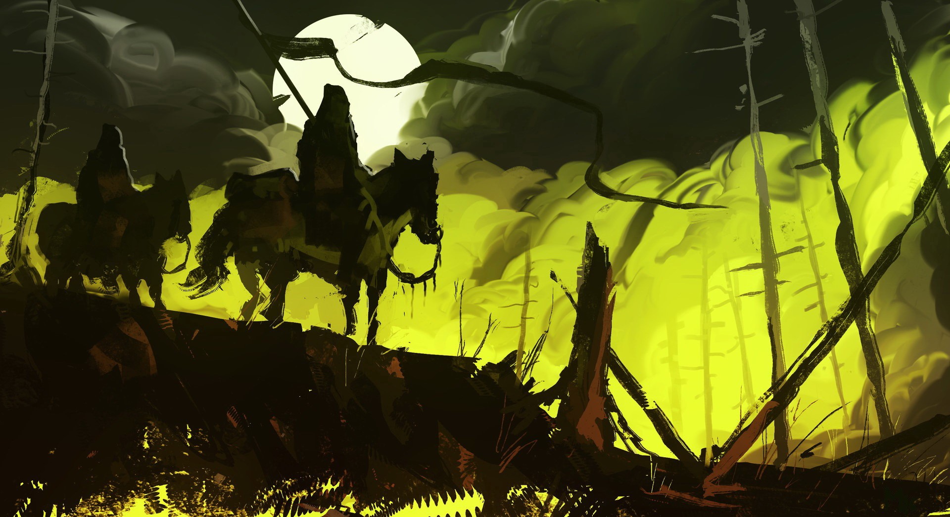 Warriors on horseback under a full moon HD Wallpaper