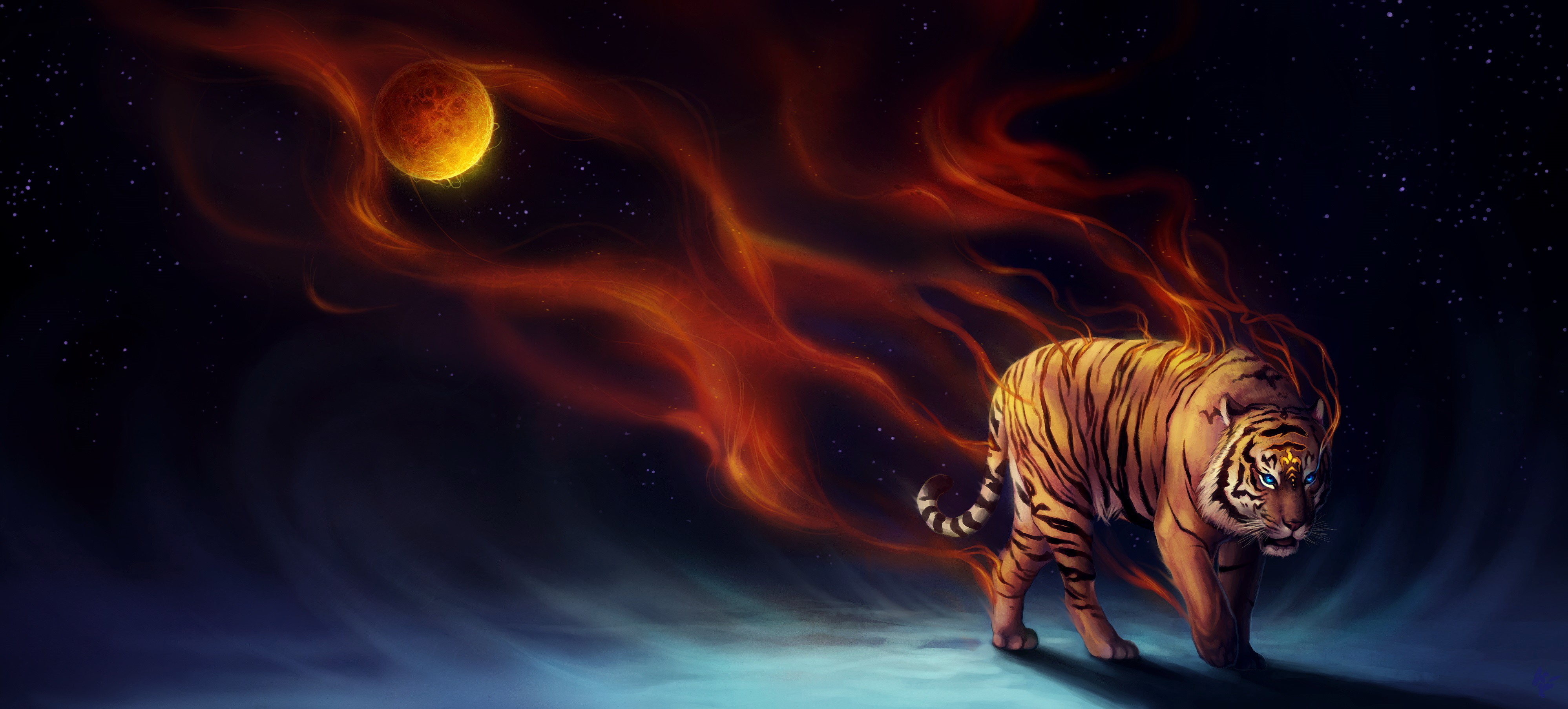 Tiger with fiery mane and planet in night sky HD Wallpaper