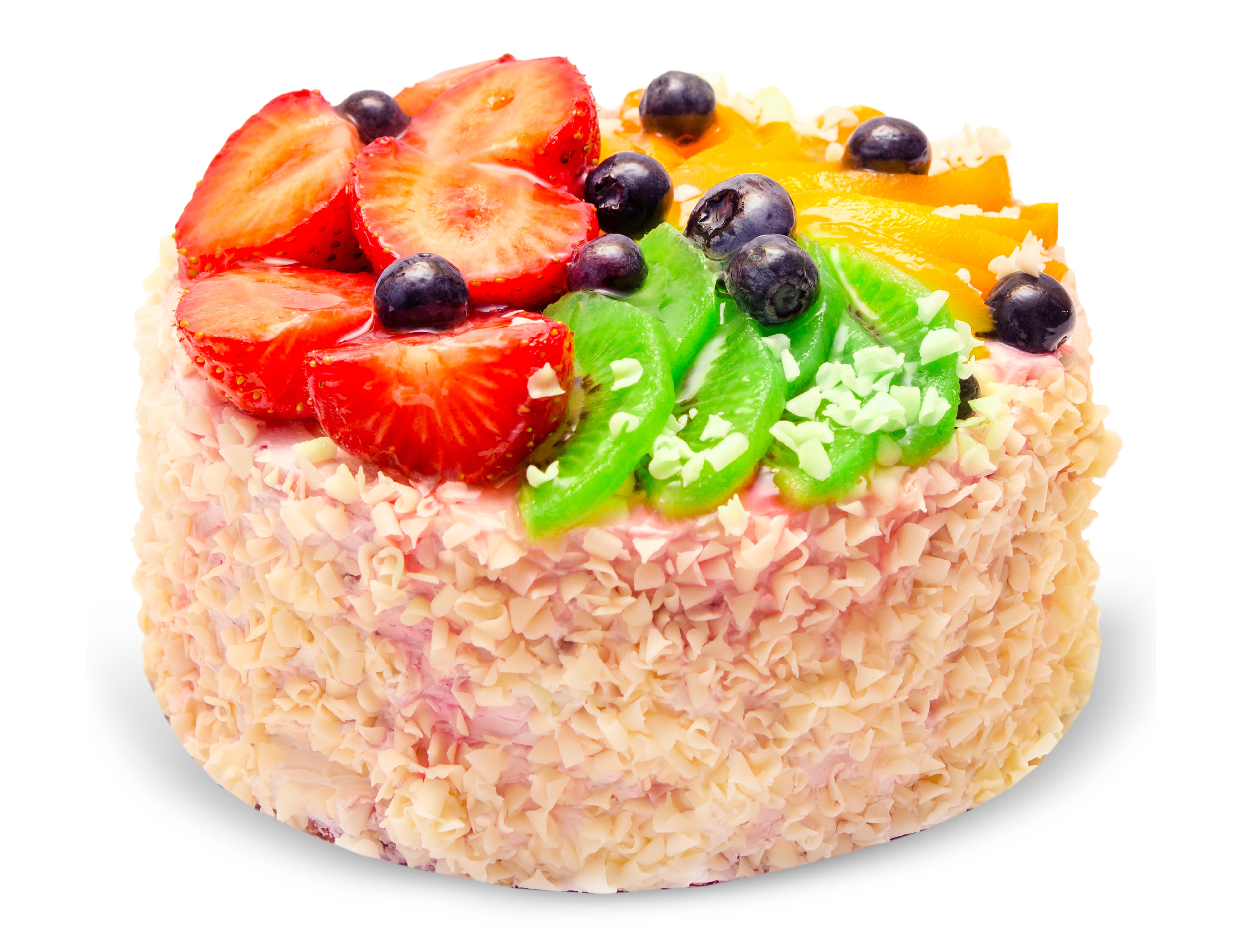Fruit cake with strawberries, blueberries, kiwi, and peaches HD Wallpaper