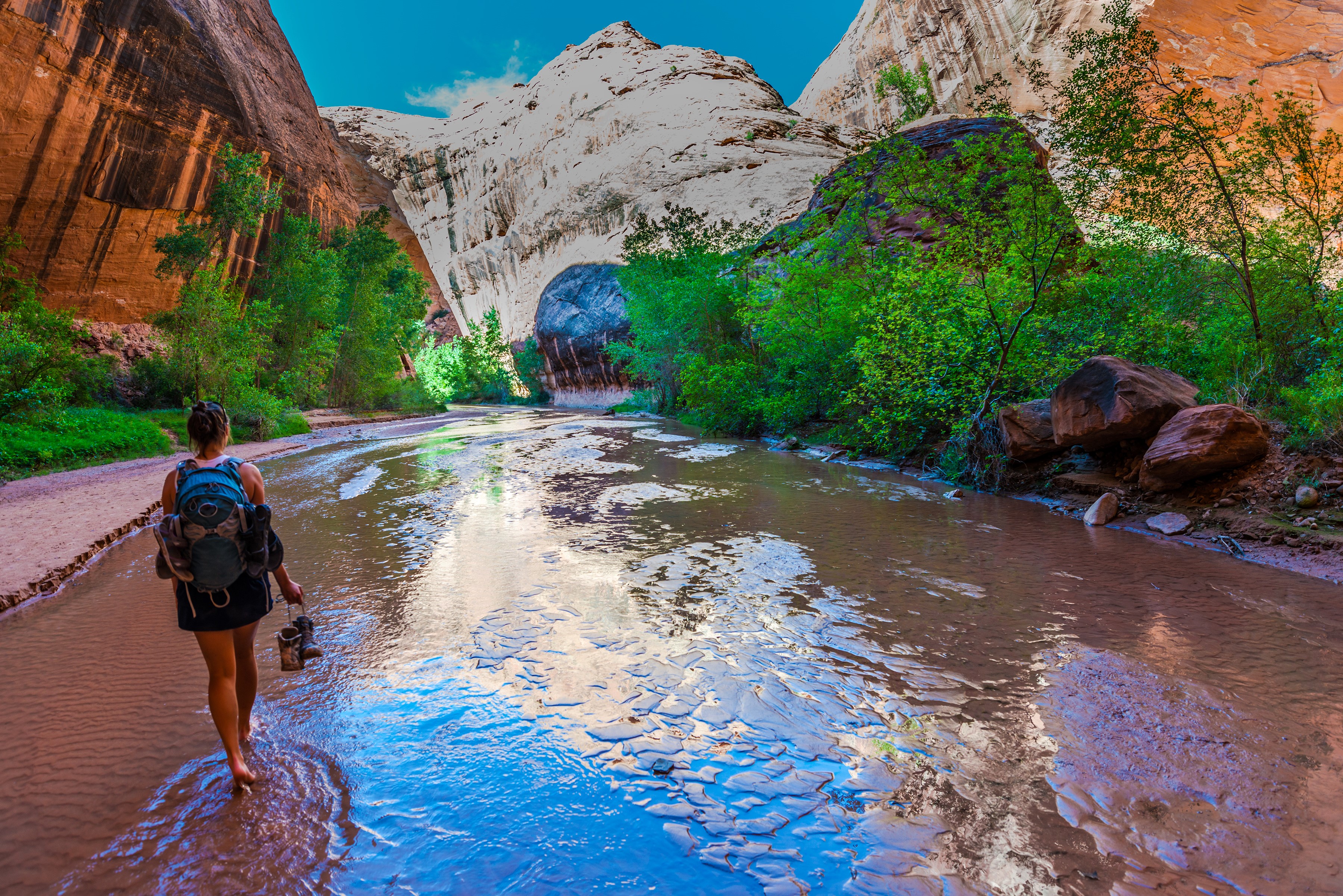 Woman hiking through a desert canyon stream HD Wallpaper