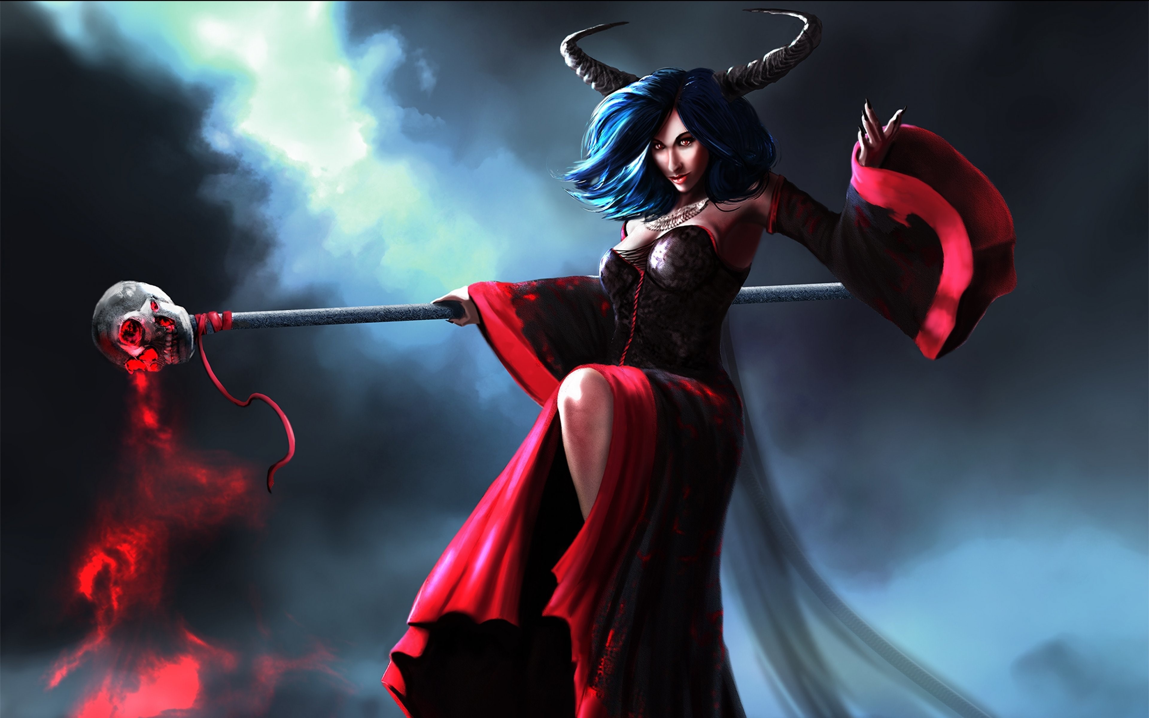 Witch with horns holding a mage staff with a skull HD Wallpaper