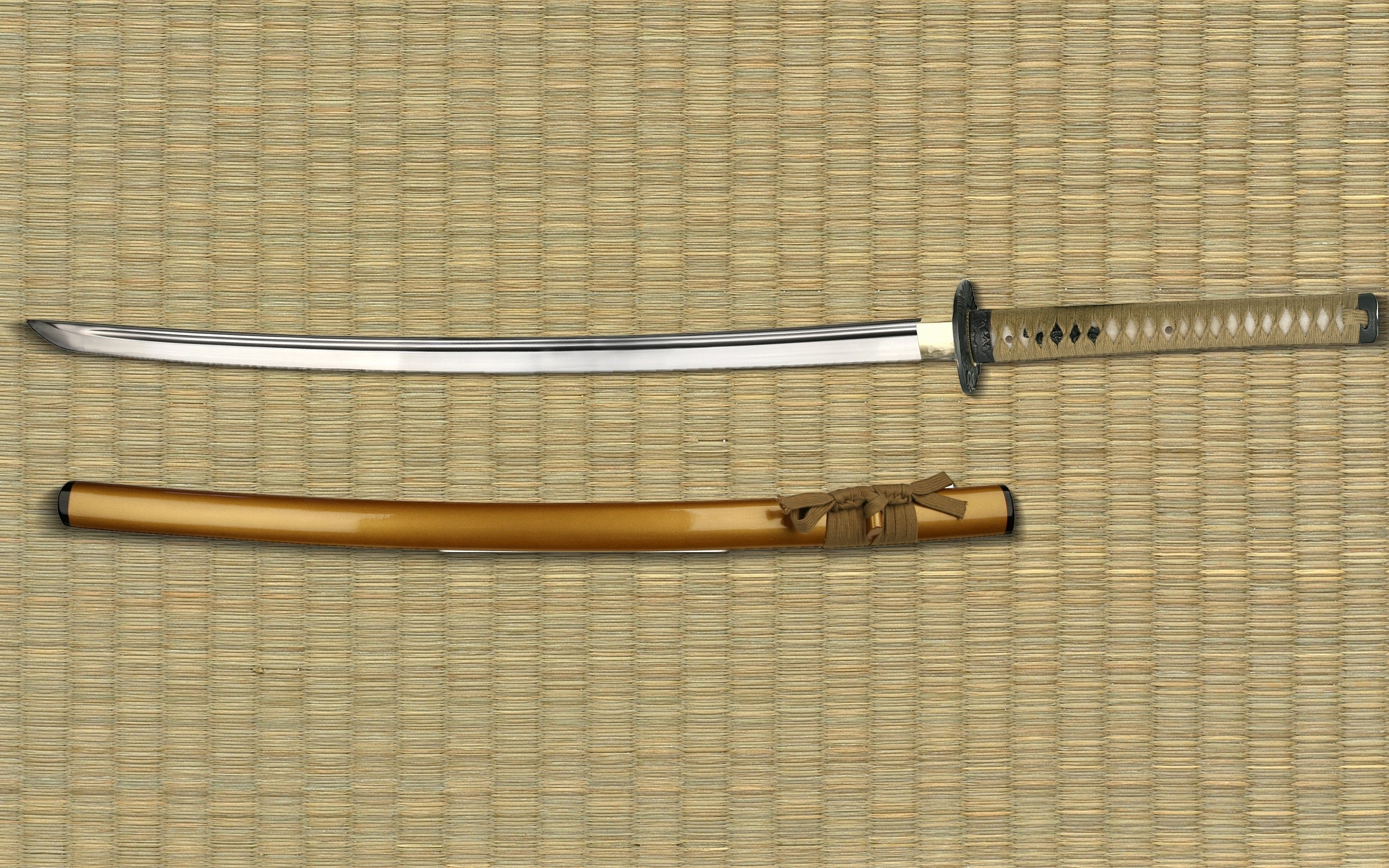 Katana sword and scabbard on a woven background HD Wallpaper