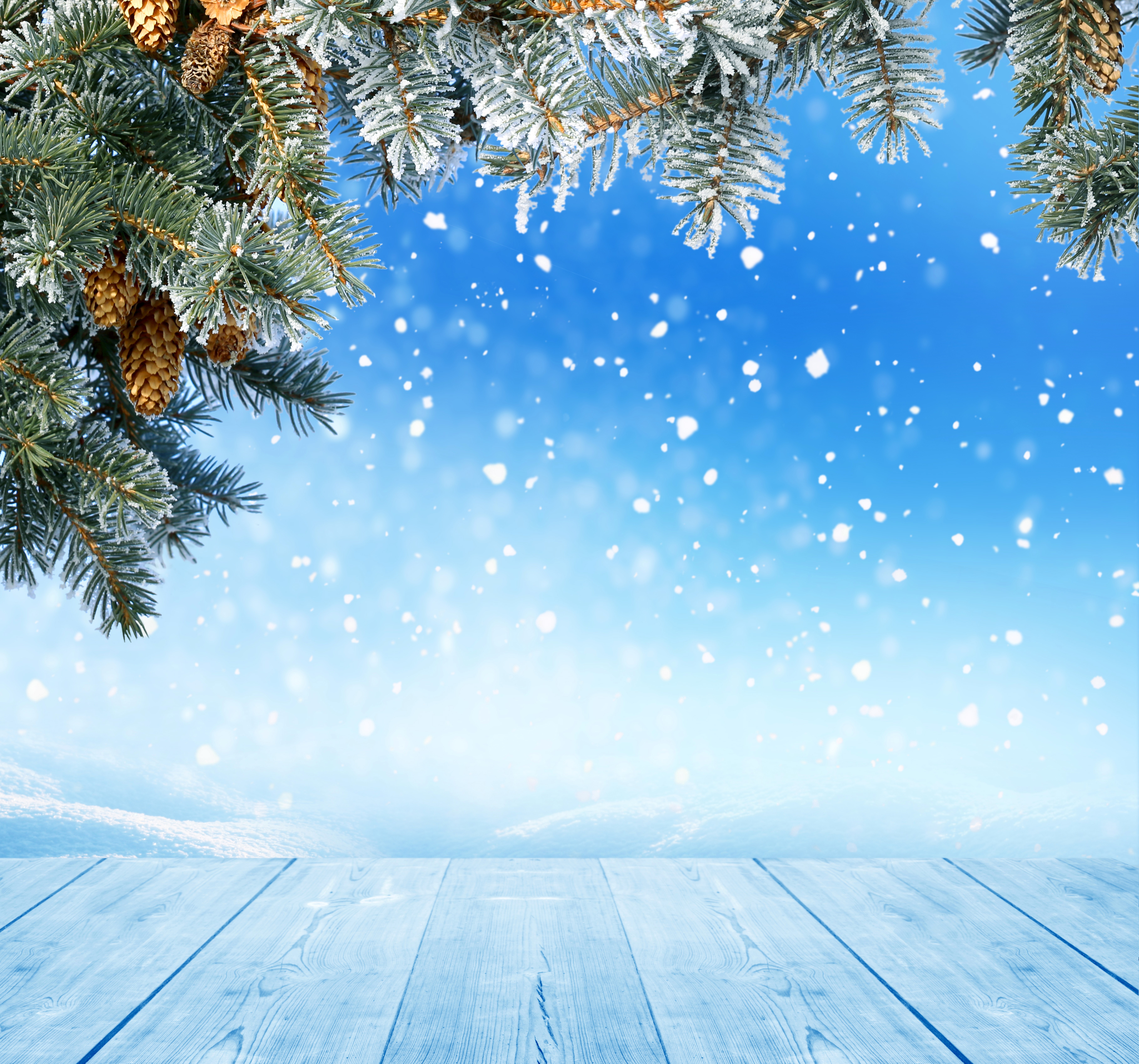 Christmas Pine Branches with Snowflakes and Wood Planks HD Wallpaper
