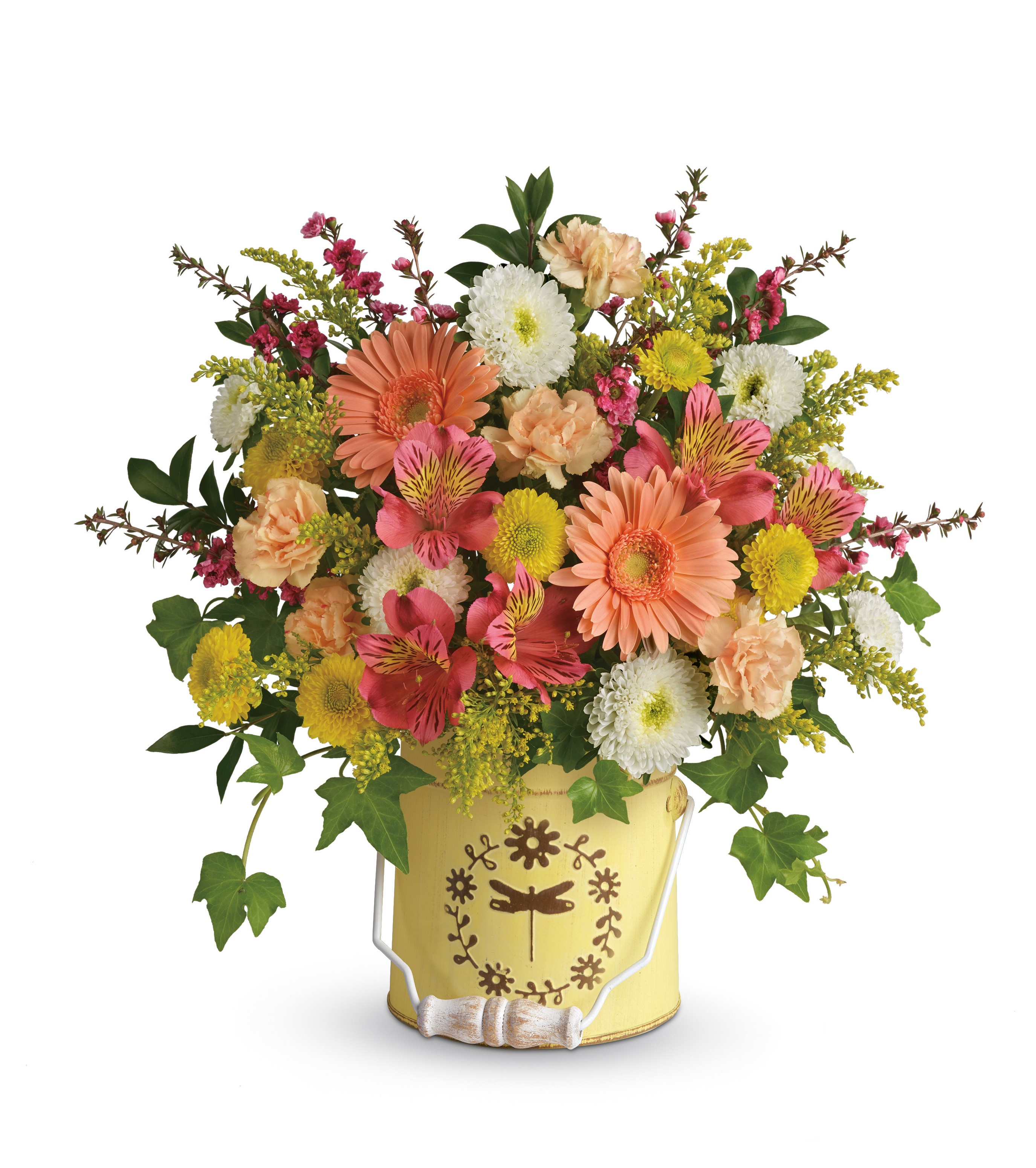 Spring flower arrangement in a yellow bucket HD Wallpaper