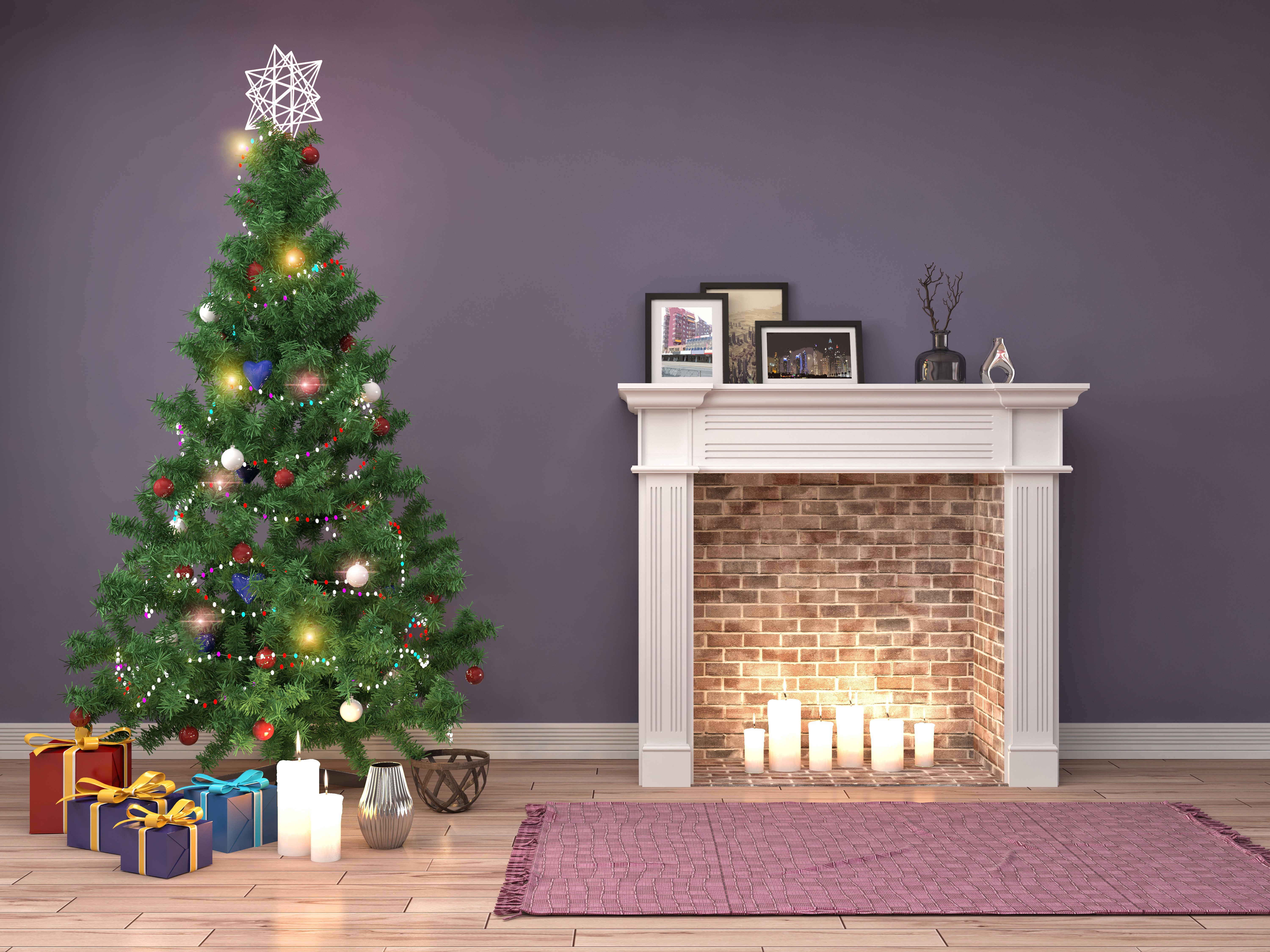 Christmas Tree and Fireplace with Gifts HD Wallpaper
